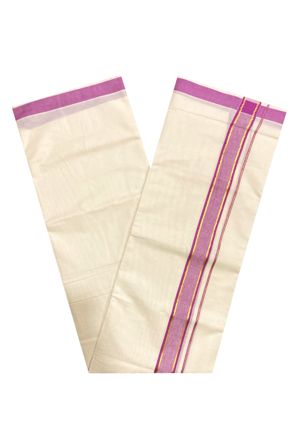 Off White Pure Cotton Double Mundu with Kasavu and Magenta Border (South Indian Dhoti)