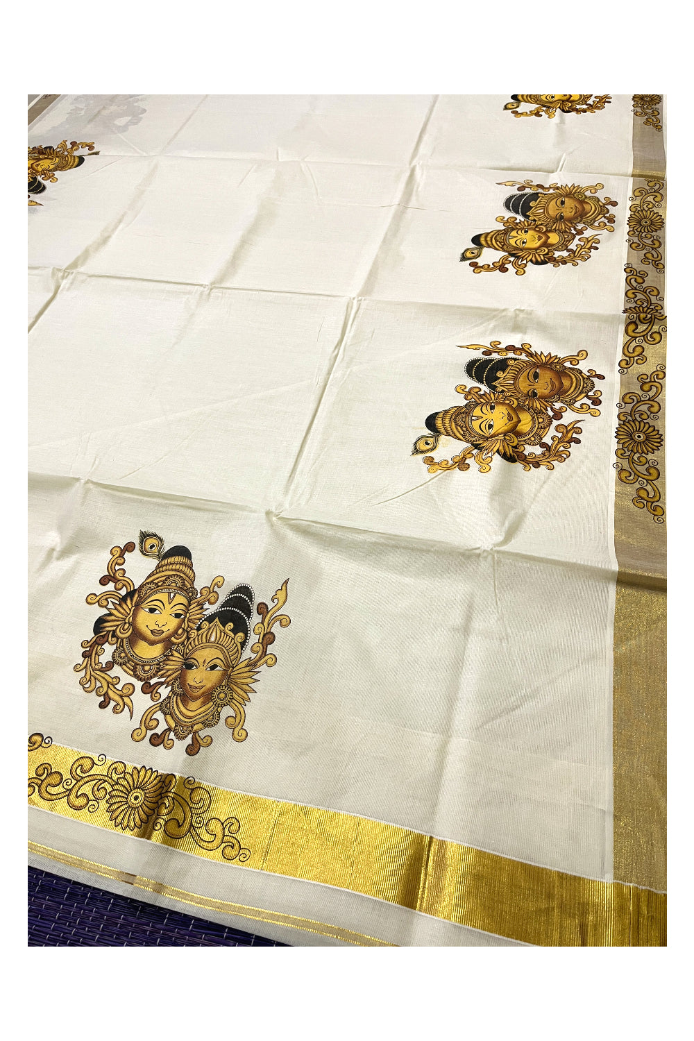 Kerala Pure Cotton Saree with Krishna Radha Face Prints and Printed Kasavu Border