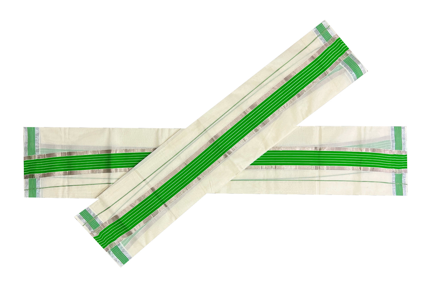 Kerala Cotton Mundum Neriyathum Single (Set Mundu) with Light Green and Silver Kasavu Border