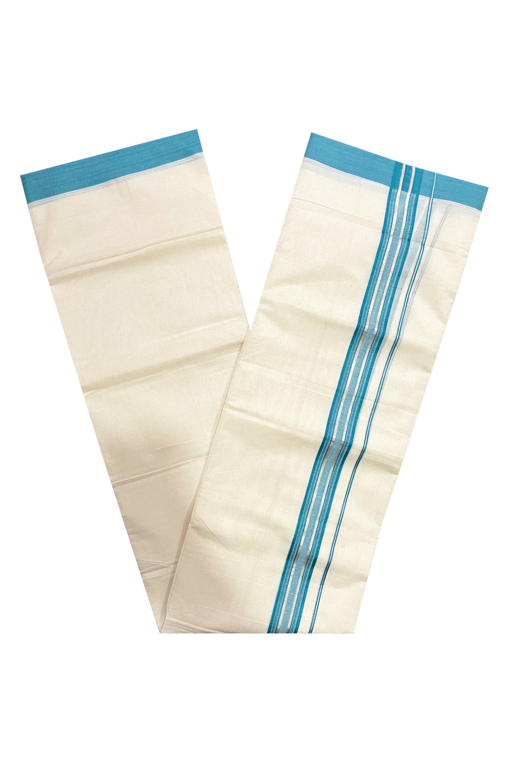 Pure Cotton Off White Double Mundu with Green and Silver Kara (South Indian Dhoti)