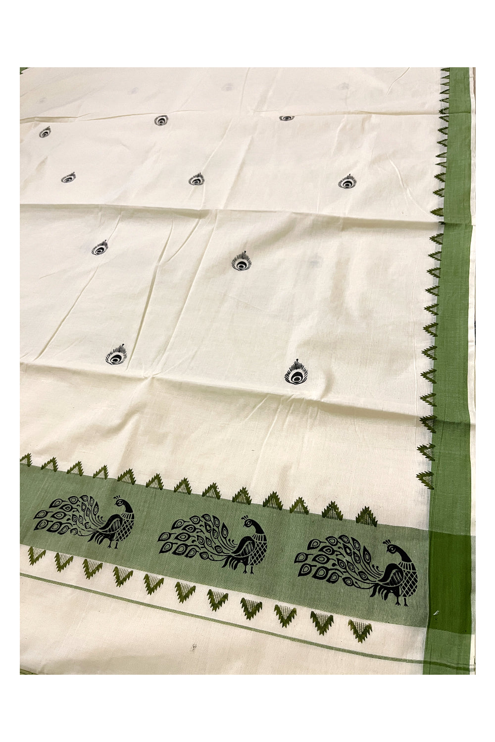 Pure Cotton Off White Kerala Saree with Green Temple Block Prints on Border (Vishu Saree 2023)