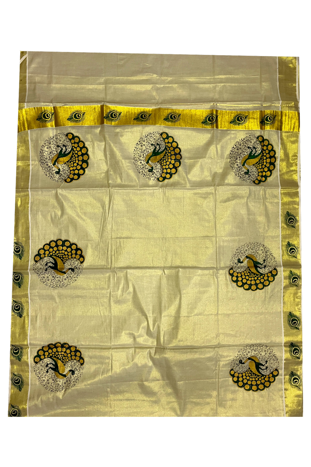 Kerala Tissue Kasavu Saree with Green Peacock Mural Printed Design