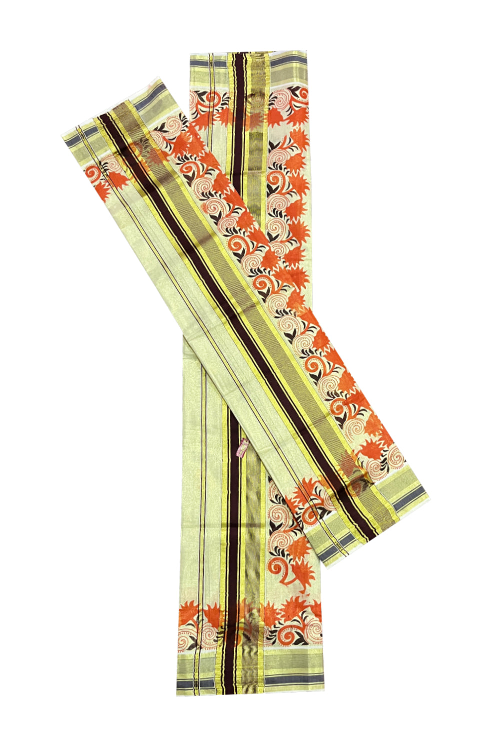 Kerala Tissue Set Mundu (Mundum Neriyathum) with Orange Floral Block Prints on Brown and Kasavu Border 2.80 Mtrs