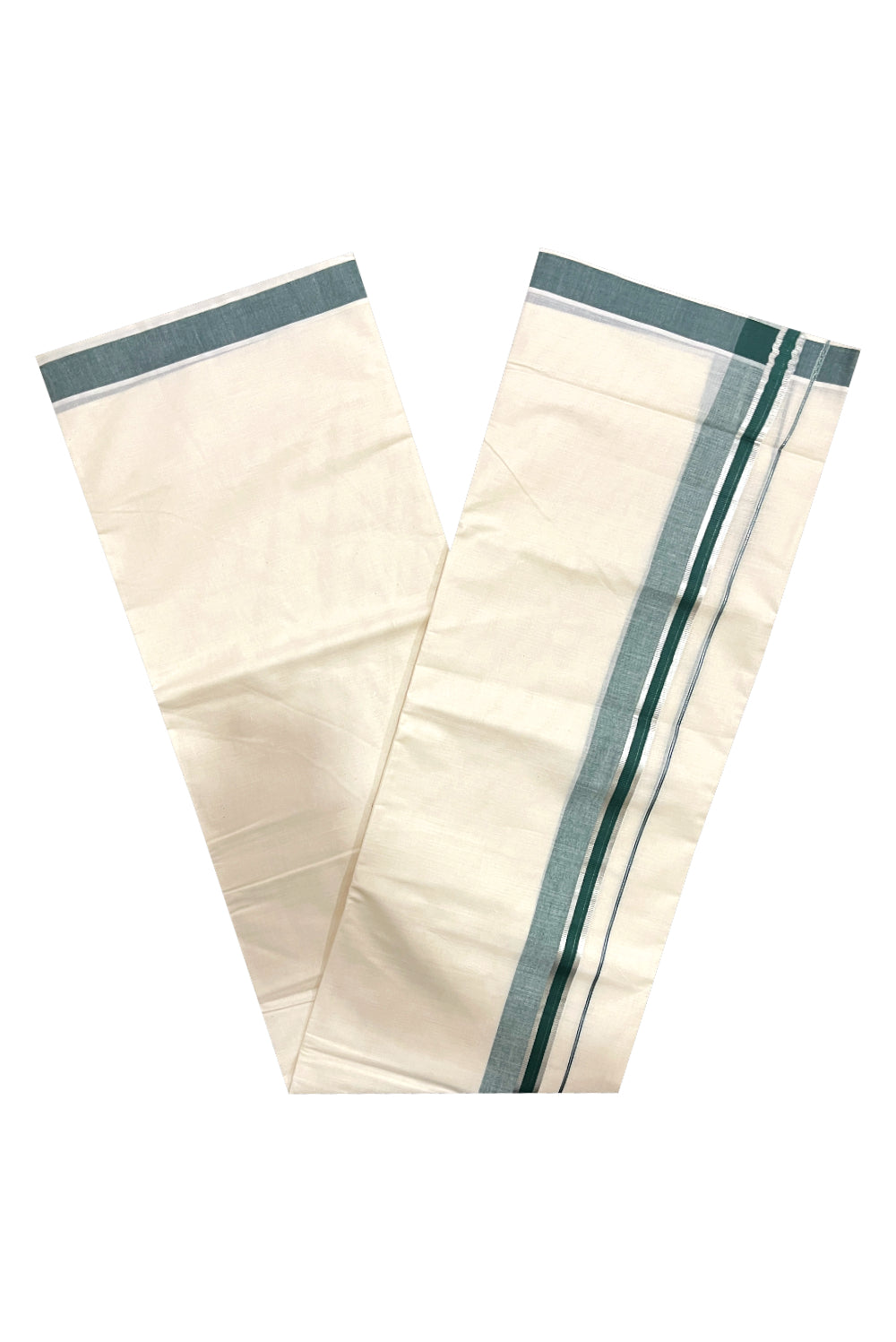 Pure Cotton Double Mundu with Green and Silver Kasavu Kara (South Indian Kerala Dhoti)