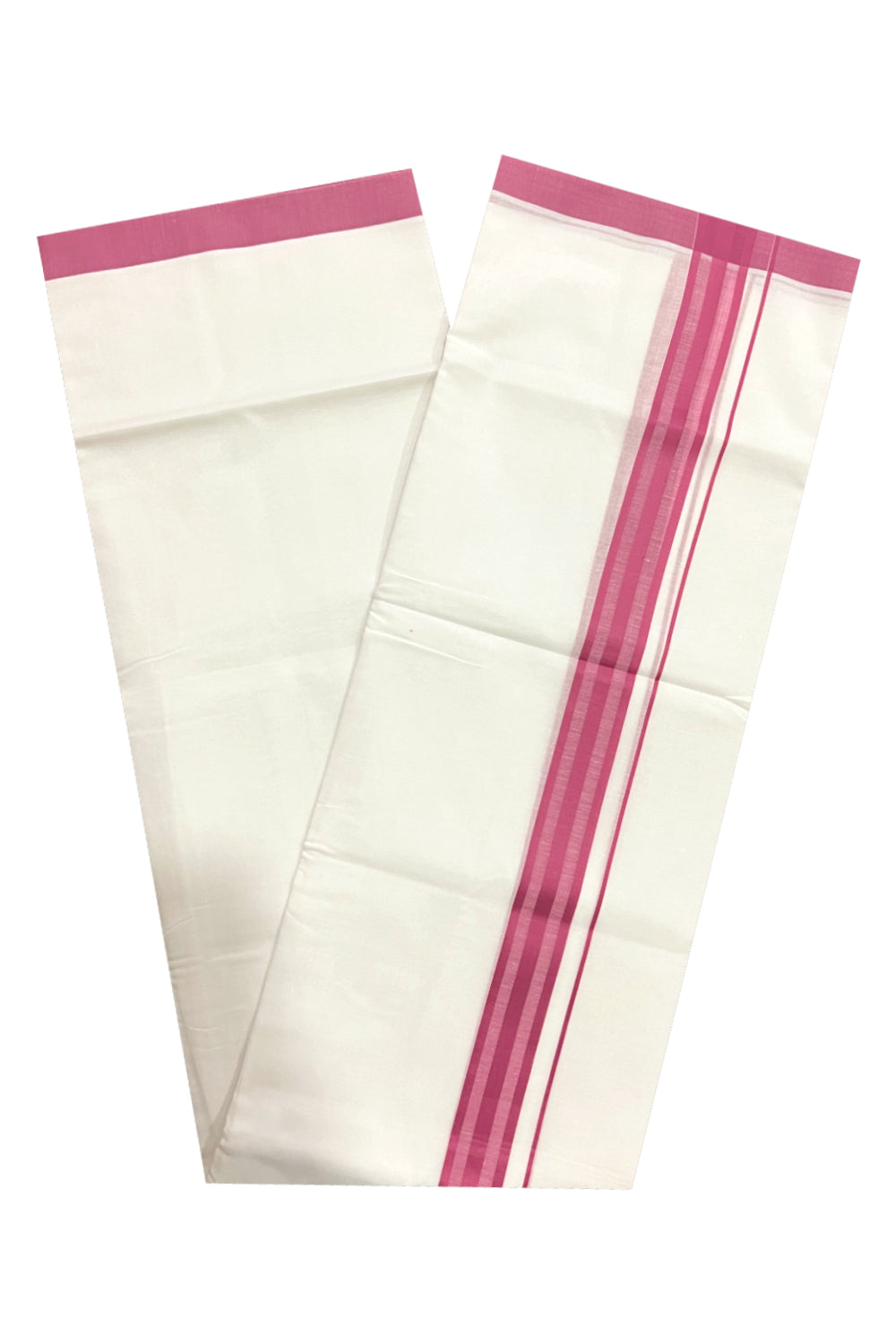 Pure White Cotton Double Mundu with Onion Pink Line Border (South Indian Dhoti)