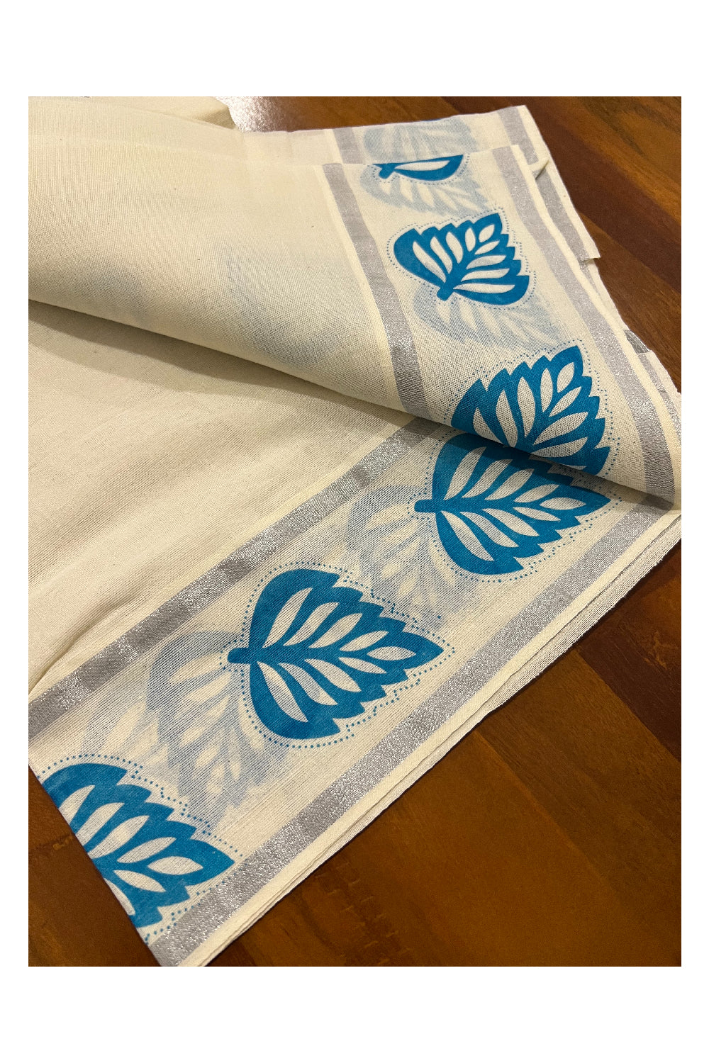 Kerala Cotton Silver Kasavu Set Mundu (Mundum Neriyathum) with Light Blue Leaf Block Print Border