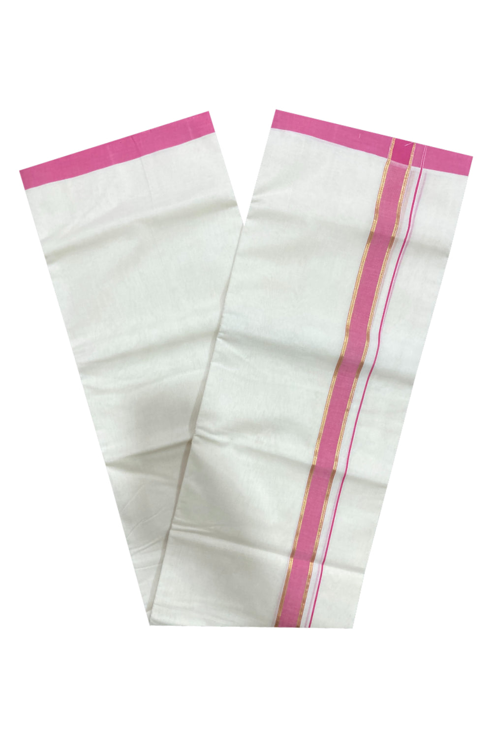 Southloom Premium Handloom Pure Cotton Mundu with Kasavu and Pink Border (South Indian Kerala Dhoti)