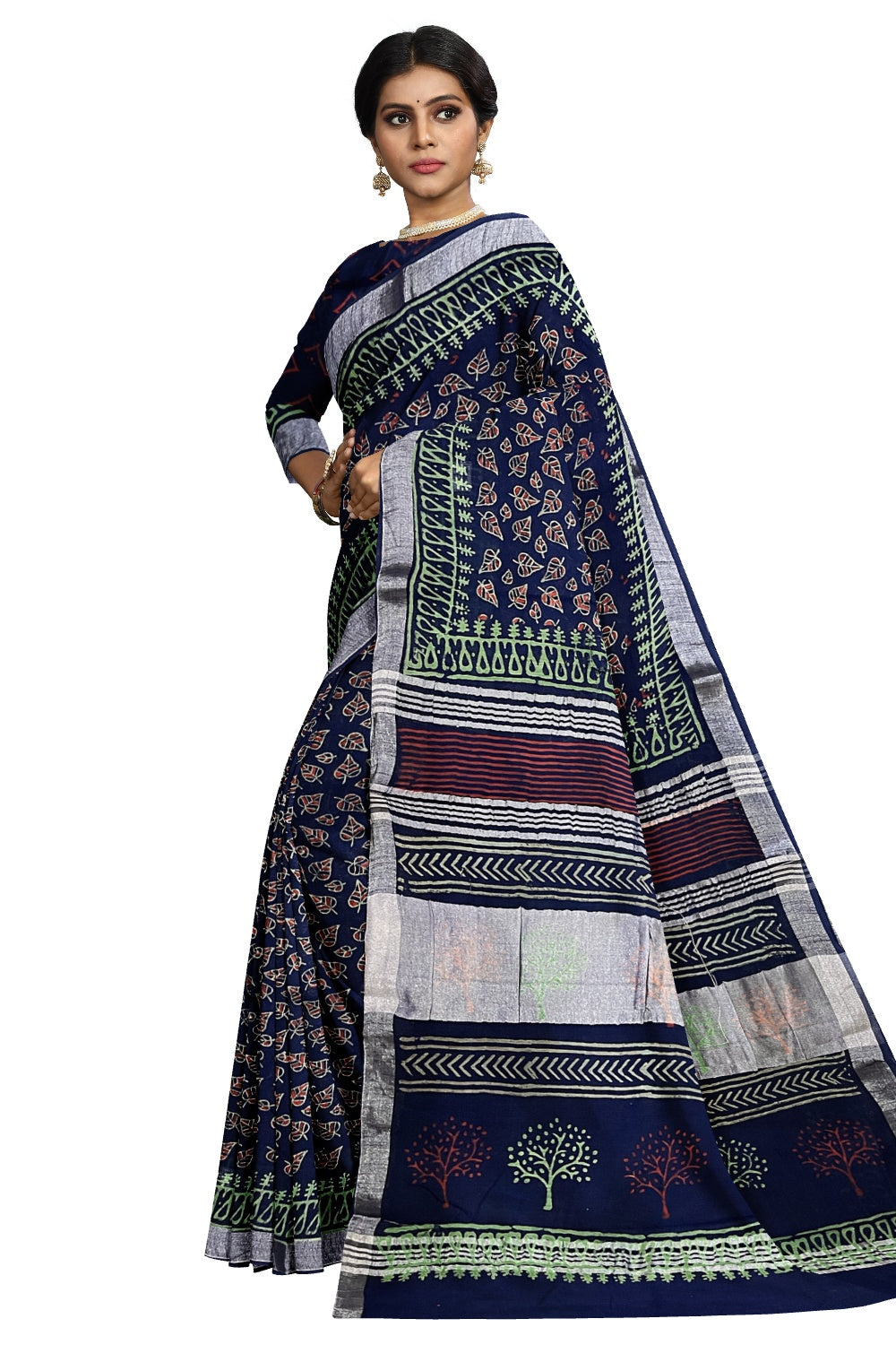 Southloom Linen Designer Blue Saree with Red Green Fabric Prints on Body and Tassels Works