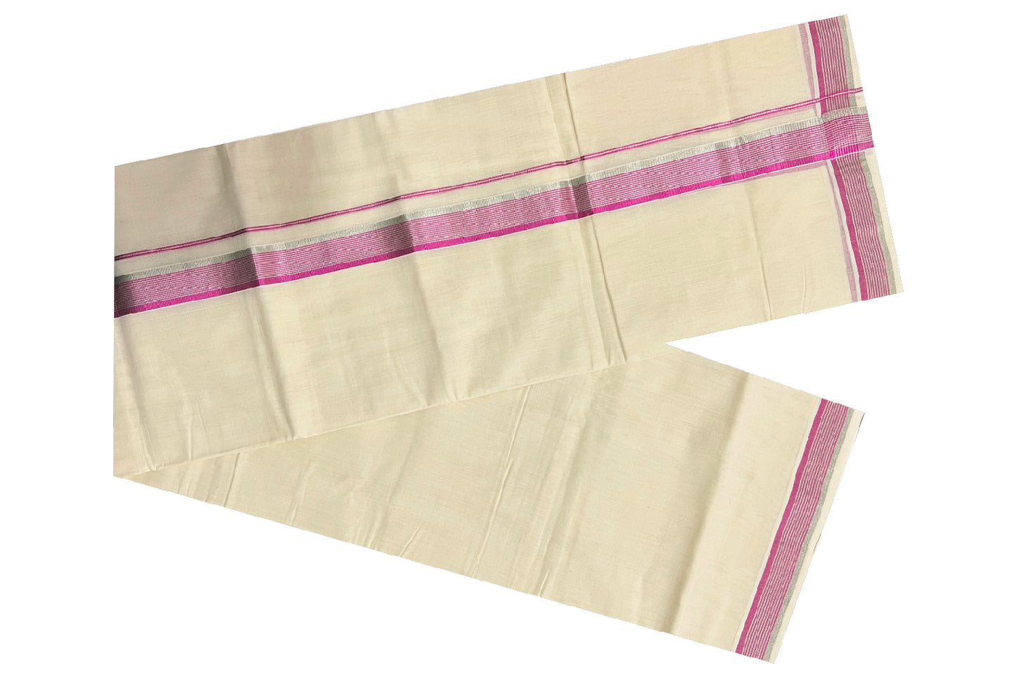 Southloom Balaramapuram Handloom Pure Cotton Mundu with Silver and Magenta Kasavu Border (South Indian Dhoti)