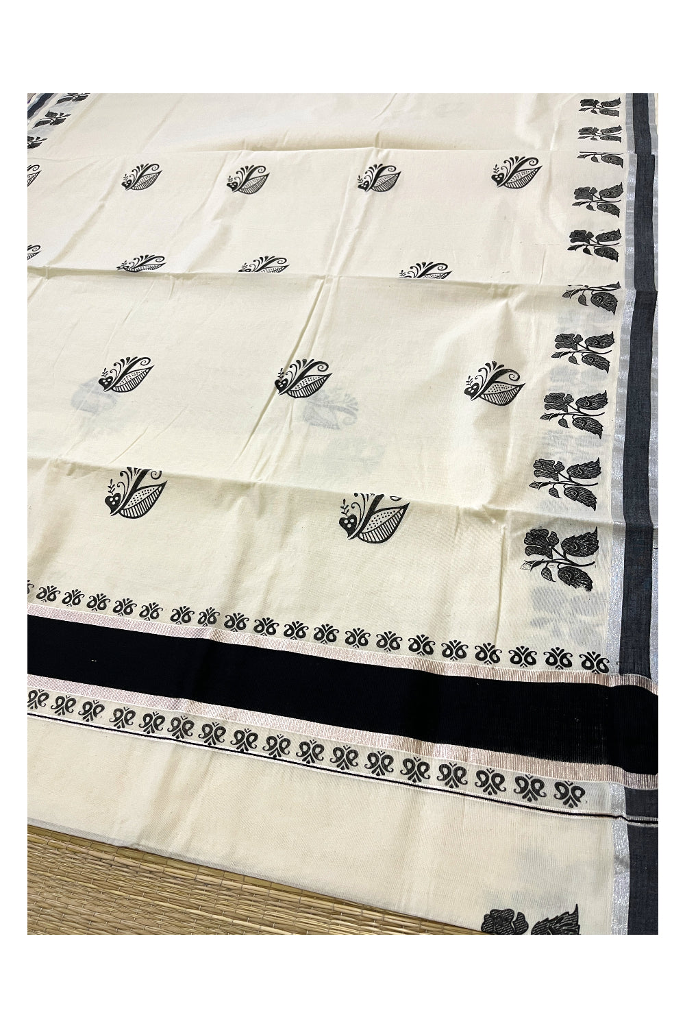 Pure Cotton Kerala Saree with Black Leaf Block Prints and Silver Kasavu Border (Onam 2024 Collection)