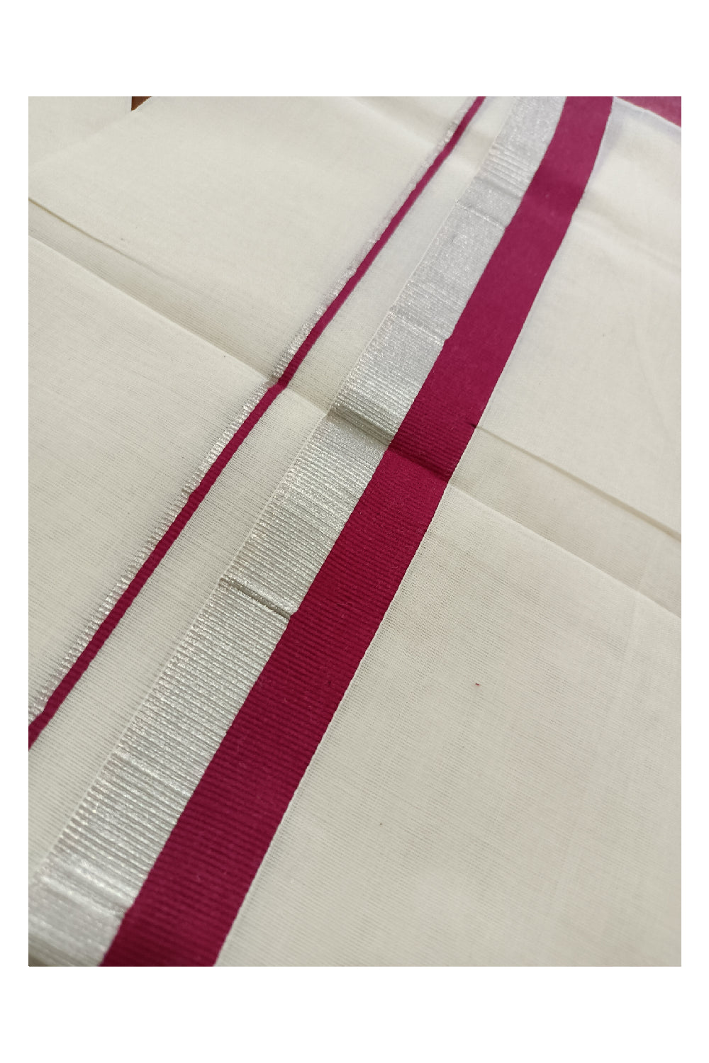 Off White Kerala Double Mundu with Silver Kasavu and Maroon Kara (South Indian Dhoti)