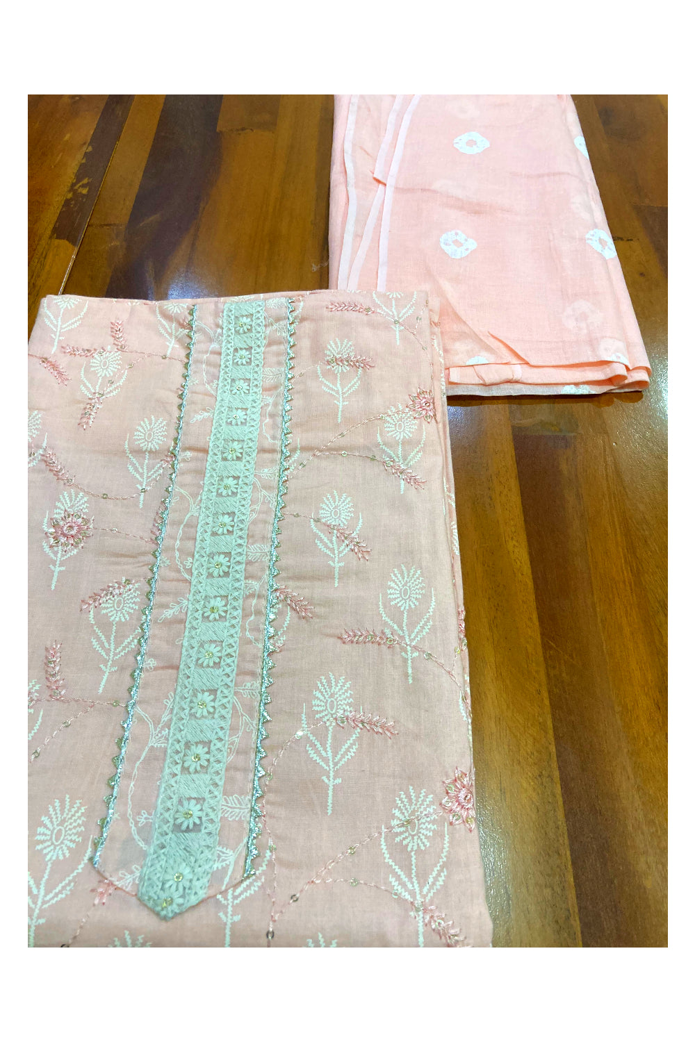 Southloom™ Cotton Churidar Salwar Suit Material in Peach and Thread Works