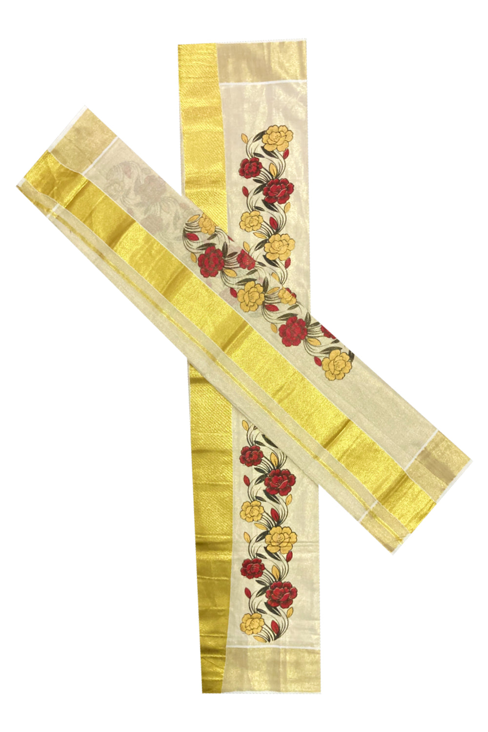 Kerala Tissue Kasavu Set Mundu (Mundum Neriyathum) with Red and Yellow Floral Mural Printed Design 2.80 Mtrs