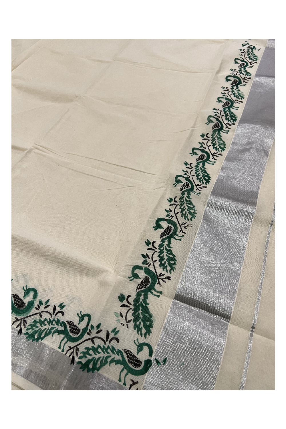 Pure Cotton Off White Kerala Silver Kasavu Saree with Peacock Green Block Printed Border