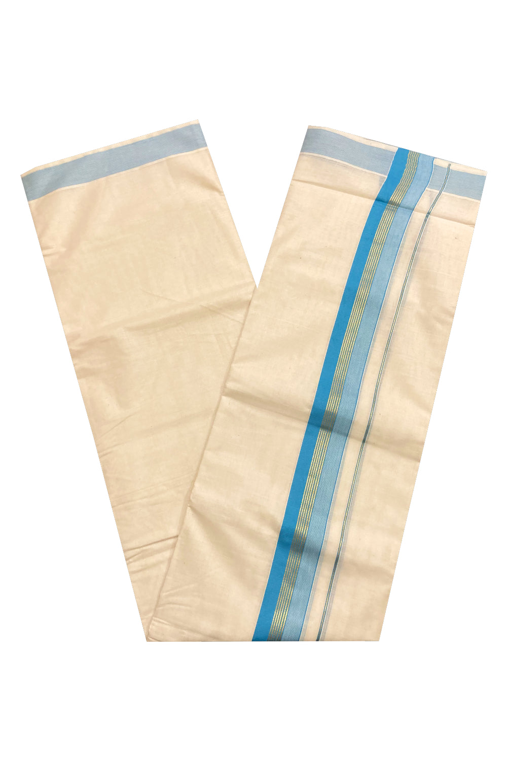 Off White Pure Cotton Double Mundu with Kasavu Line and Blue Border (South Indian Dhoti)