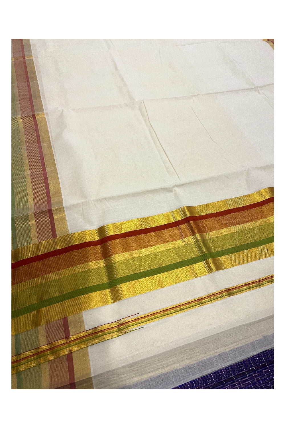 Southloom™ Balaramapuram Handloom Kerala Saree with Kasavu Light Green and Orangish Red Border