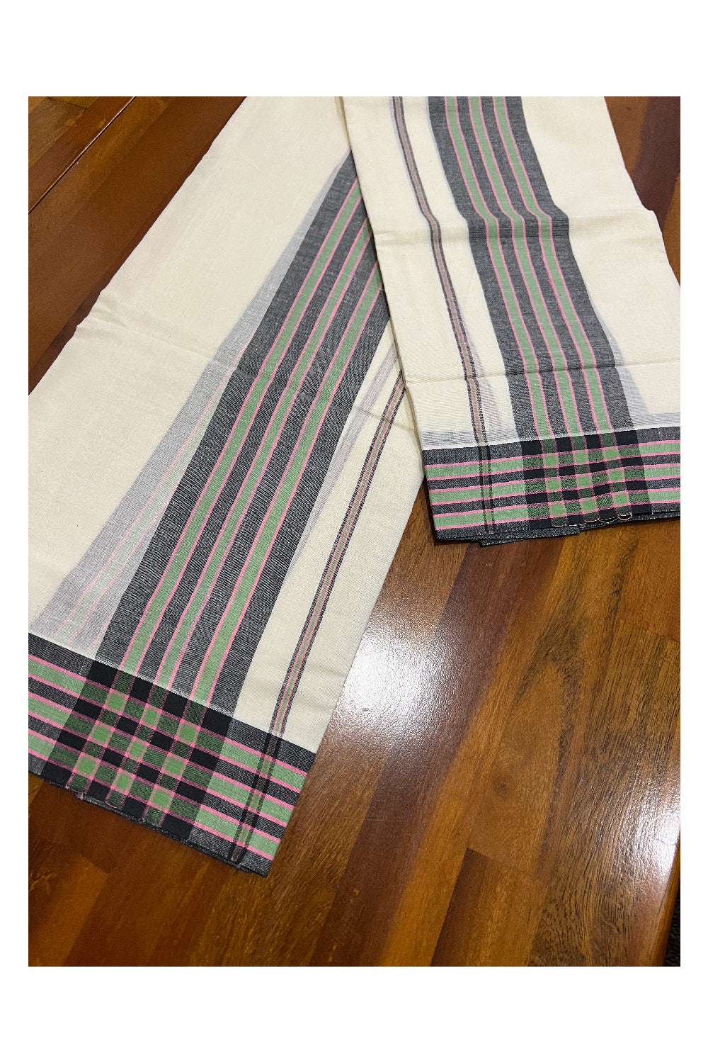 Kerala Cotton Mundum Neriyathum Single (Set Mundu) with Black and Green Mulloth Border (Extra Soft Cotton)