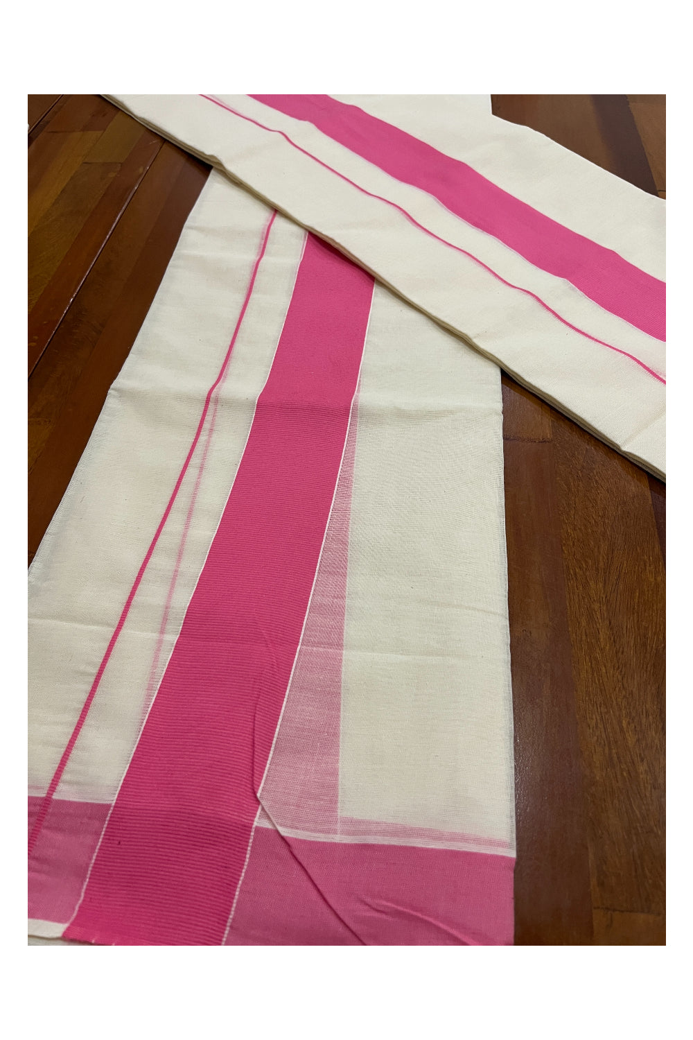 Kerala Cotton Mundum Neriyathum Single (Set Mundu) with Pink 2 inch Border