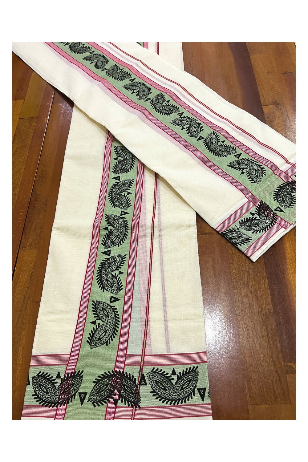 Kerala Cotton Single Set Mundu (Mundum Neriyathum) with Black Block Prints on Green Red Border