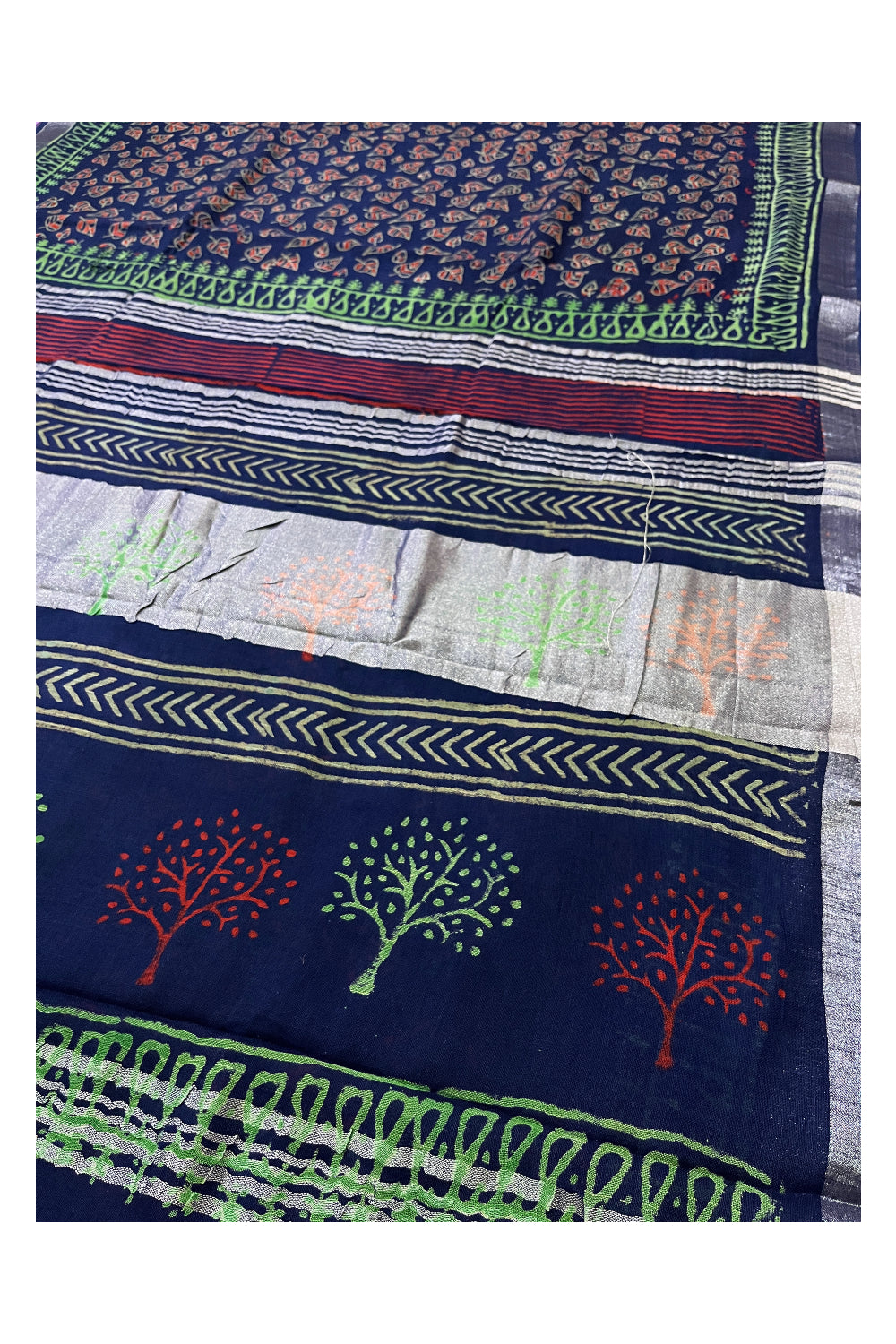 Southloom Linen Designer Blue Saree with Red Green Fabric Prints on Body and Tassels Works