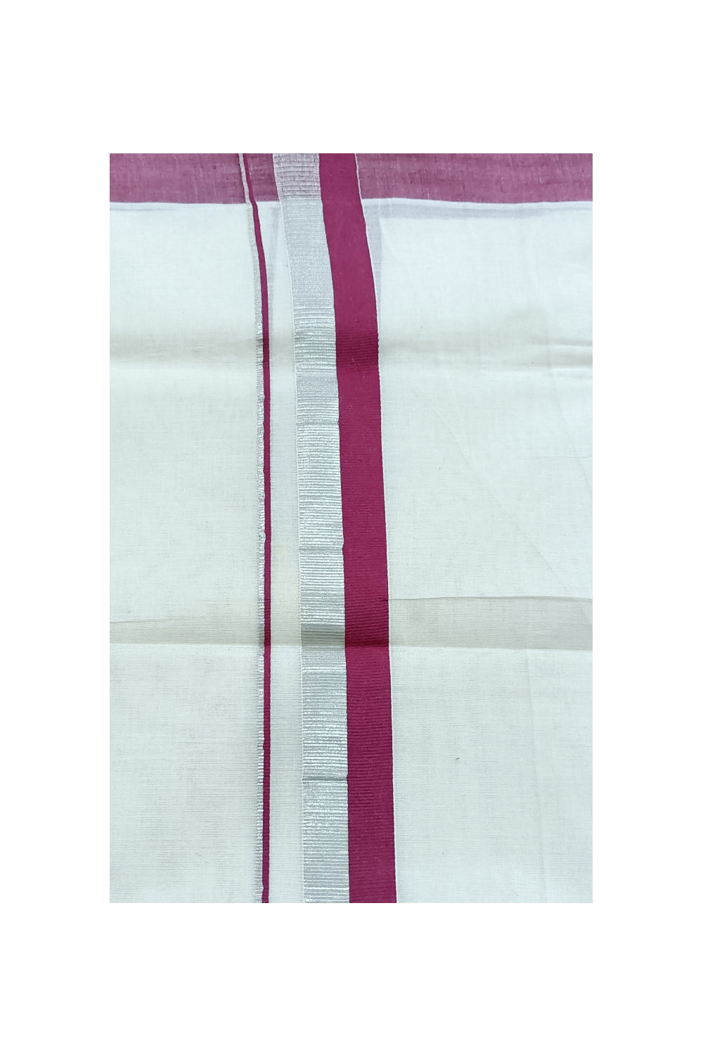 Off White Kerala Double Mundu with Silver Kasavu and Maroon Kara (South Indian Dhoti)