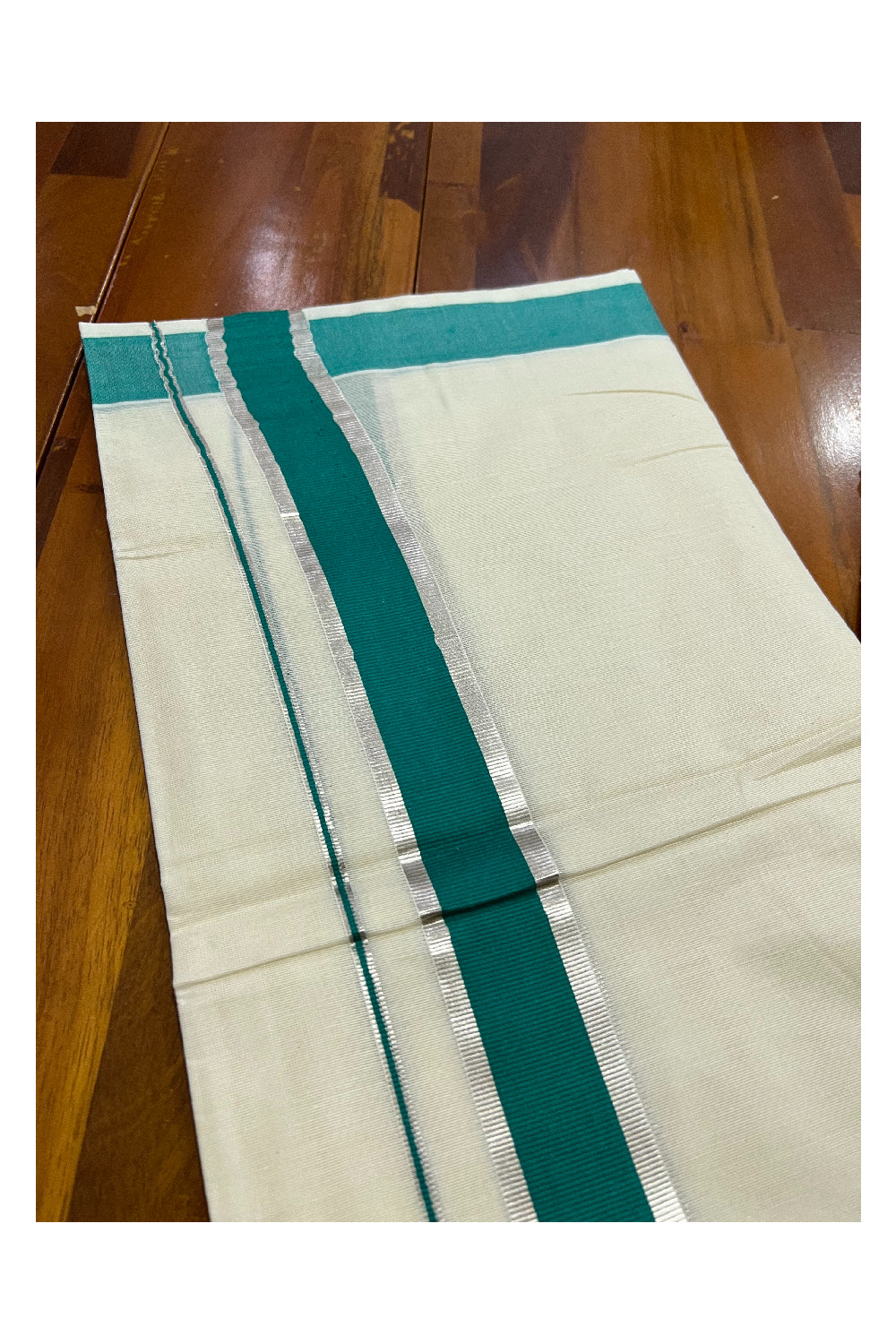 Off White Kerala Double Mundu with Silver Kasavu and Green Border (South Indian Dhoti)