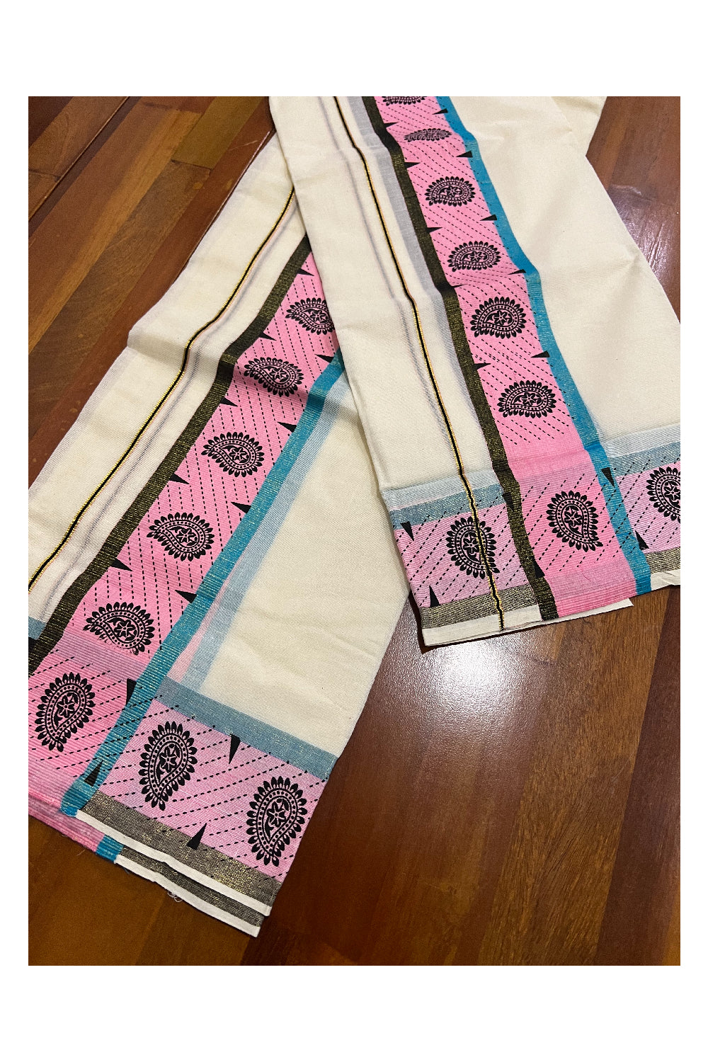 Kerala Cotton Kasavu Set Mundu (Mundum Neriyathum) with Black Paisley Block Prints in Pink Border