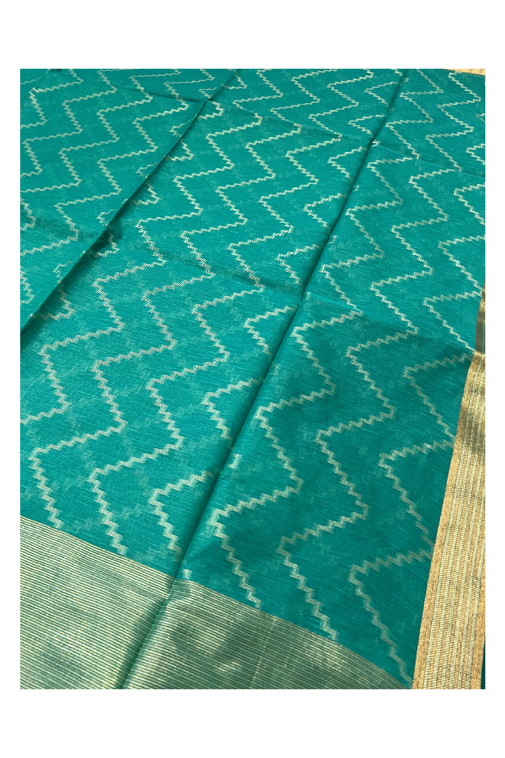 Southloom Green Semi Tussar Designer Saree With Kasavu Zig Zag Works on Body