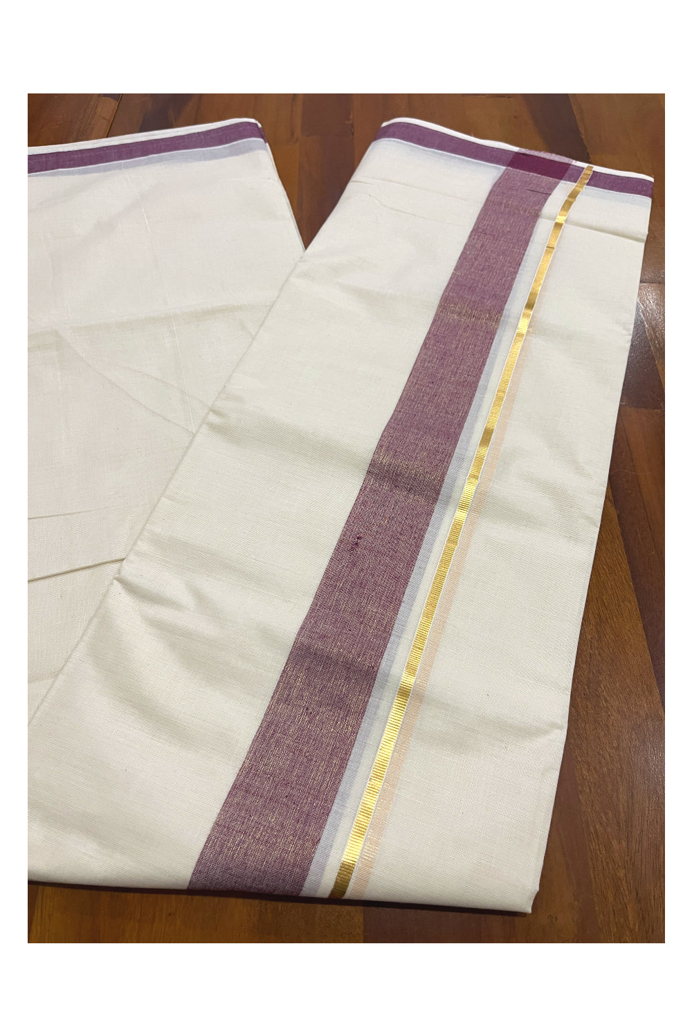 Pure Cotton Double Mundu with Kasavu Purple Kara (South Indian Kerala Dhoti)