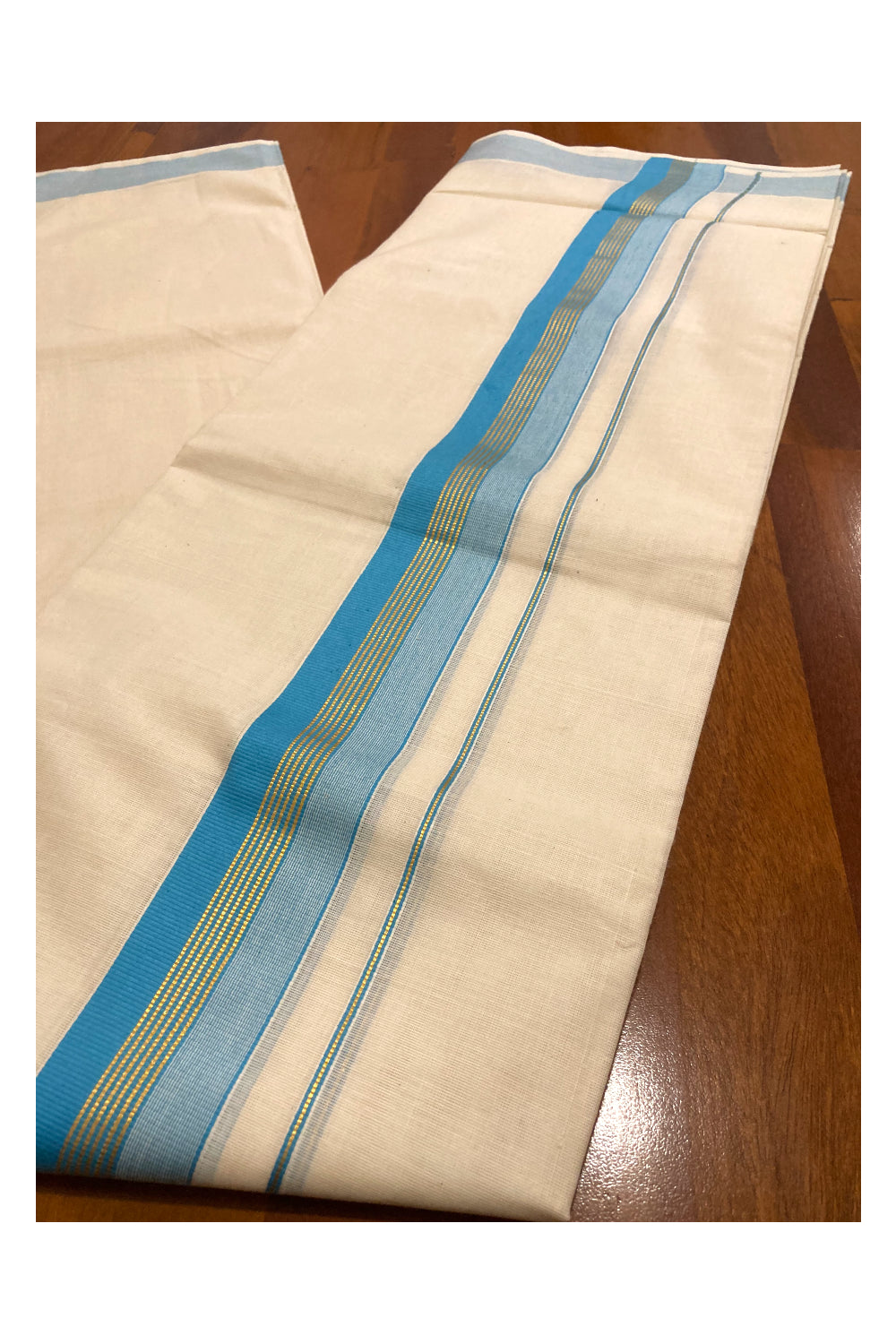 Off White Pure Cotton Double Mundu with Kasavu Line and Blue Border (South Indian Dhoti)