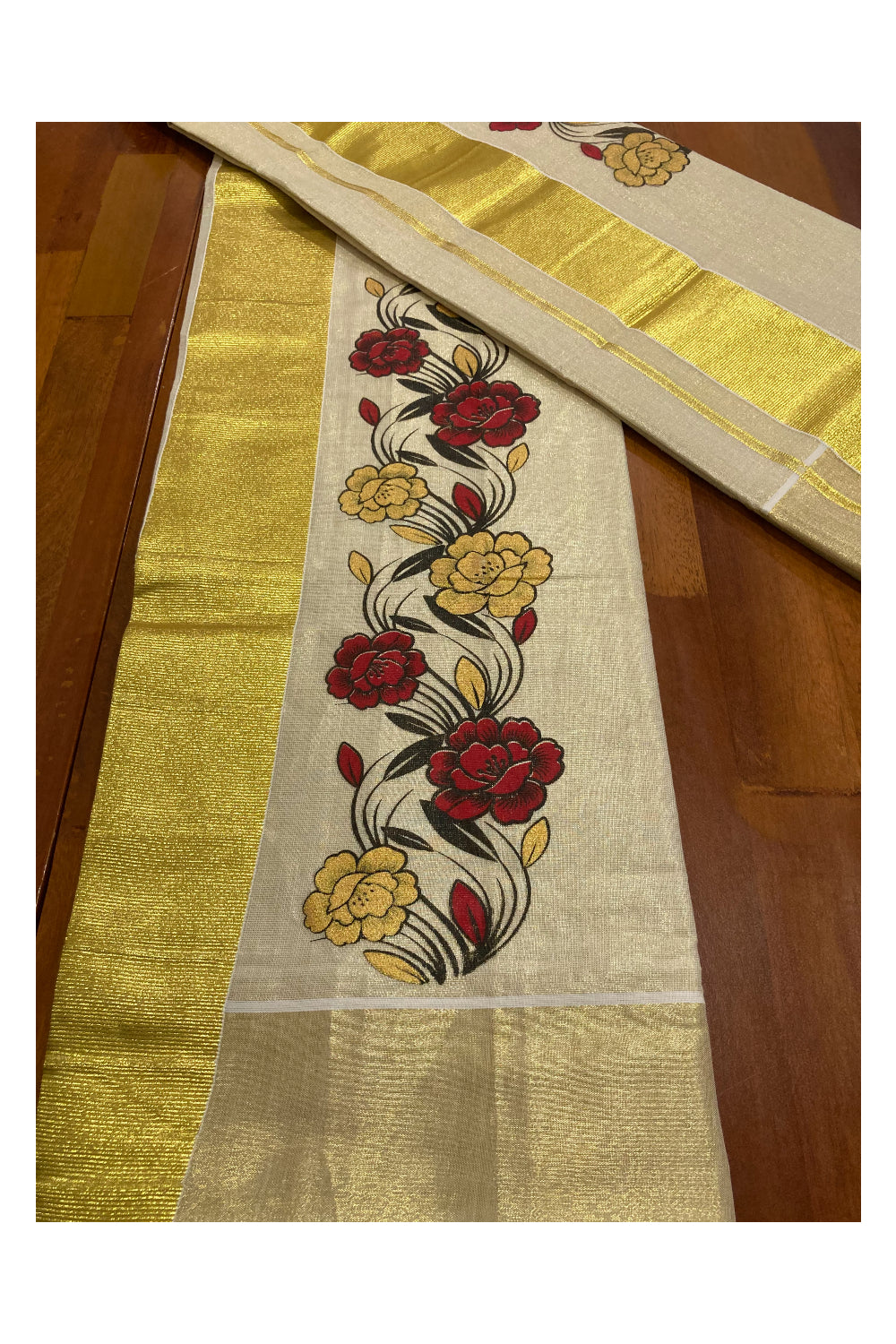 Kerala Tissue Kasavu Set Mundu (Mundum Neriyathum) with Red and Yellow Floral Mural Printed Design 2.80 Mtrs