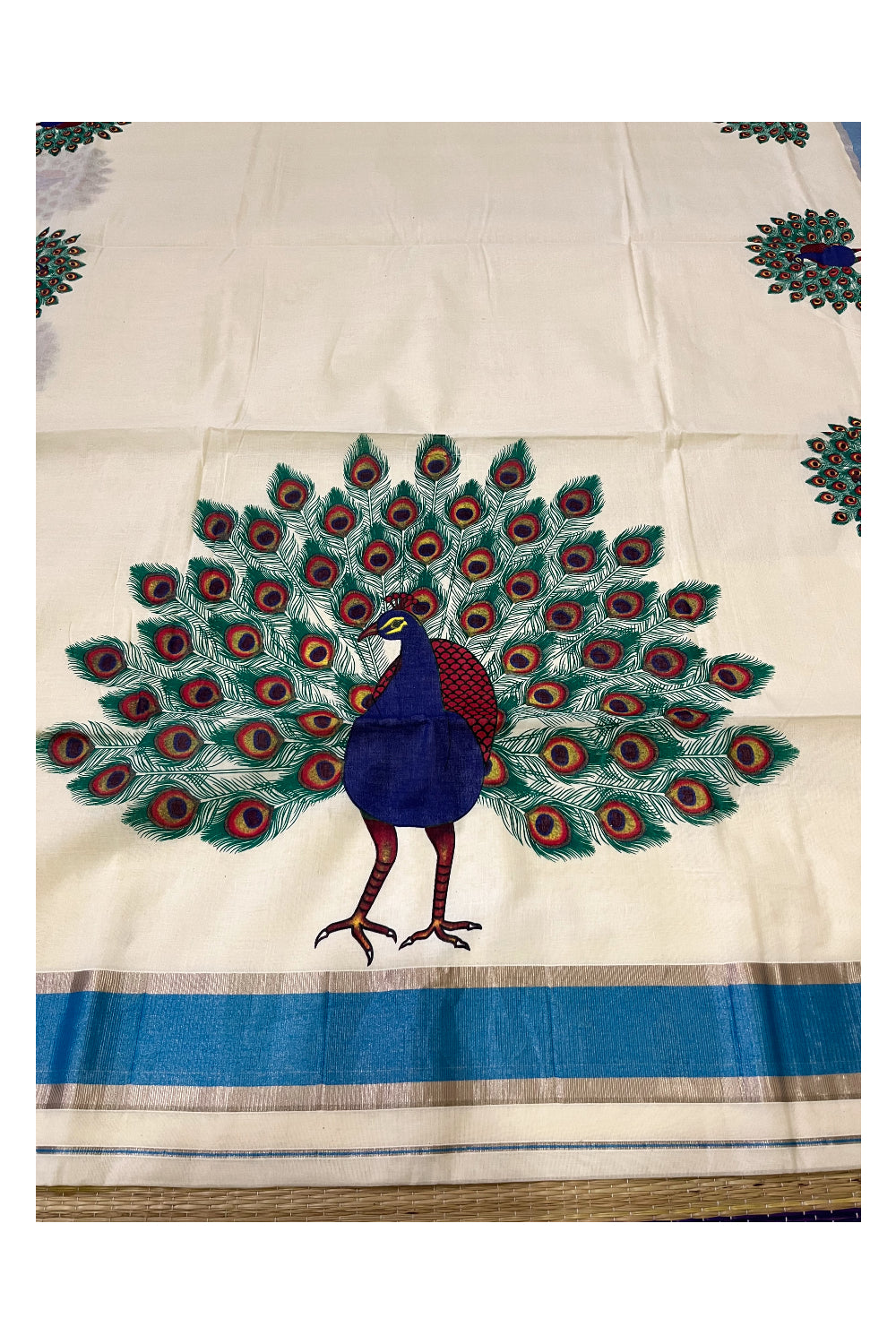 Pure Cotton Kerala Saree with Peacock Mural Prints and Silver Blue Border