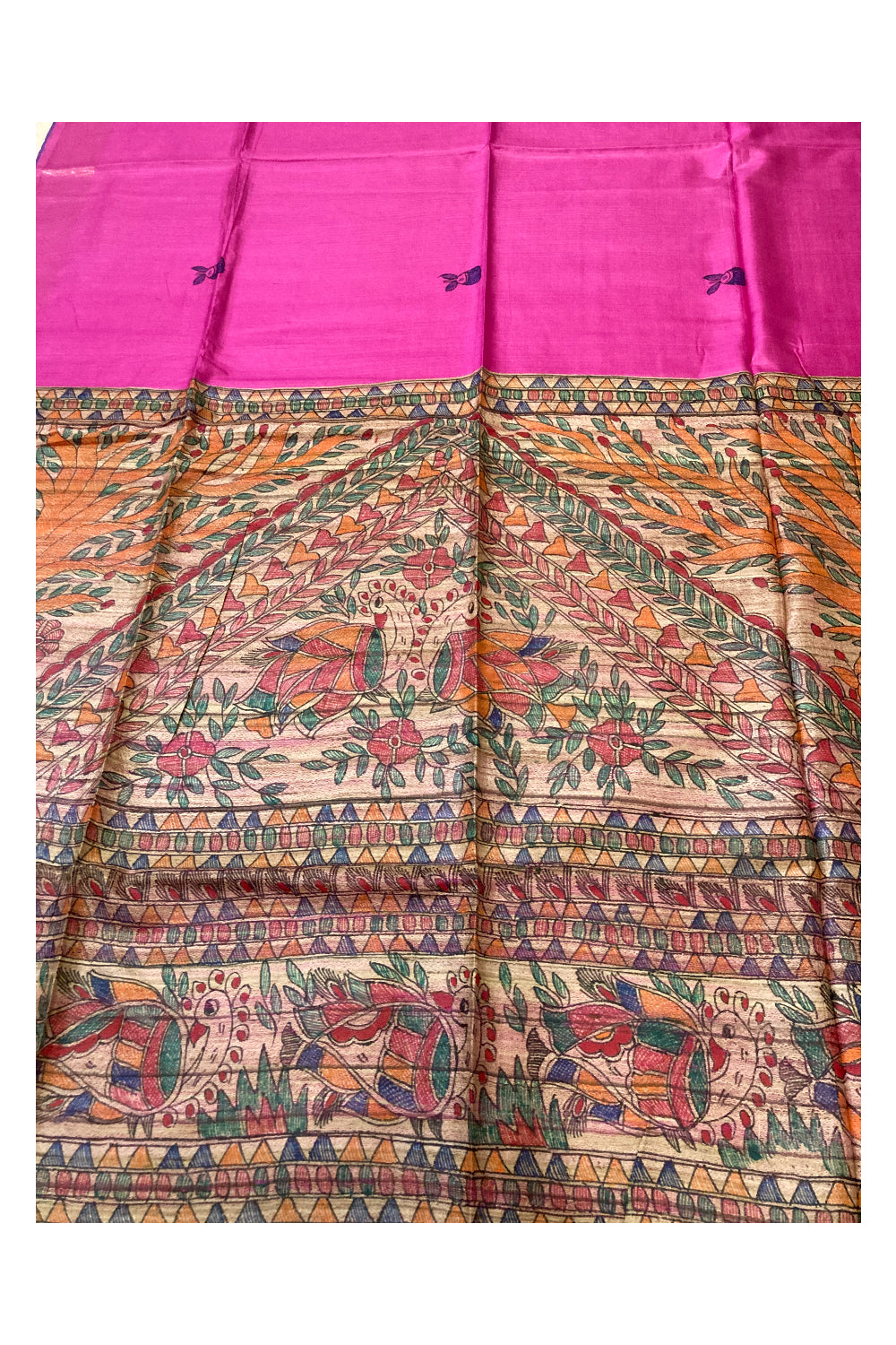 Southloom Soft Silk Magenta Saree with Multi-Coloured Art Works on Pallu