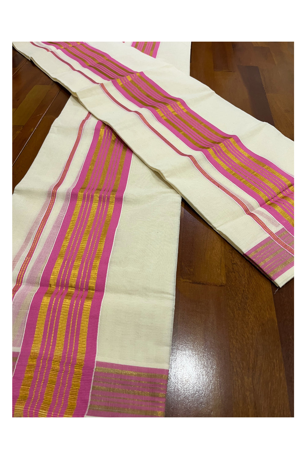 Pure Cotton Kerala Single Set Mundu (Mundum Neriyathum) with Pink and Kasavu Border