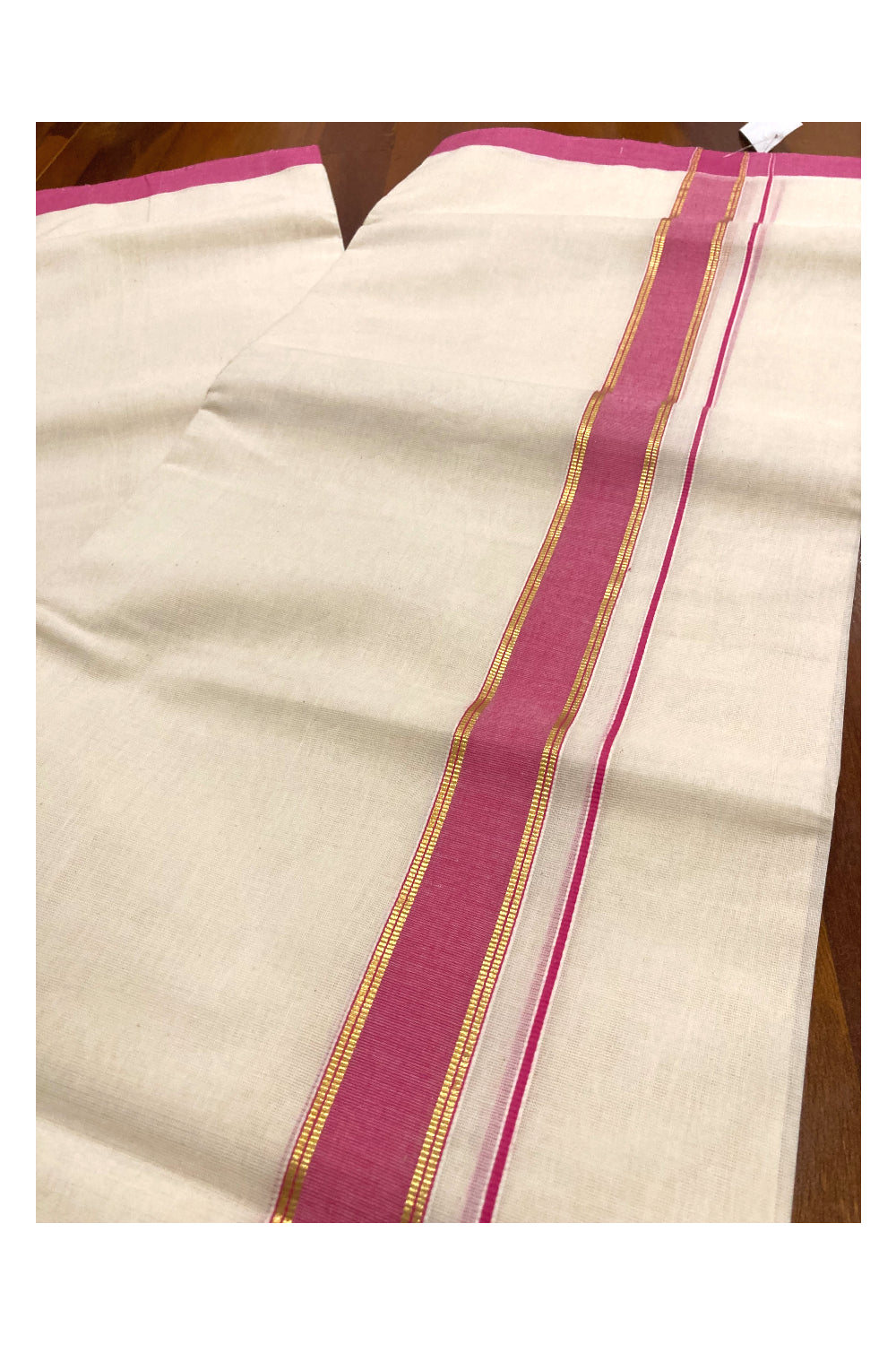 Southloom Premium Handloom Pure Cotton Mundu with Kasavu and Pink Border (South Indian Kerala Dhoti)