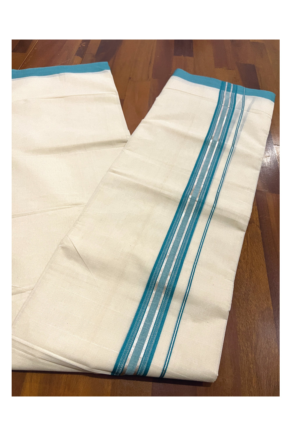 Pure Cotton Off White Double Mundu with Green and Silver Kara (South Indian Dhoti)