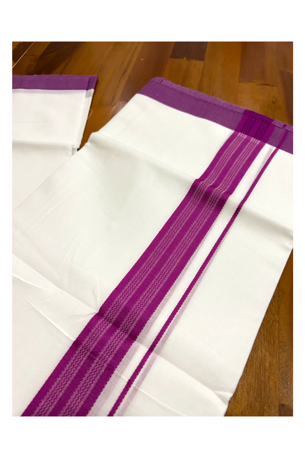 Pure White Cotton Double Mundu with Magenta Border (South Indian Dhoti)