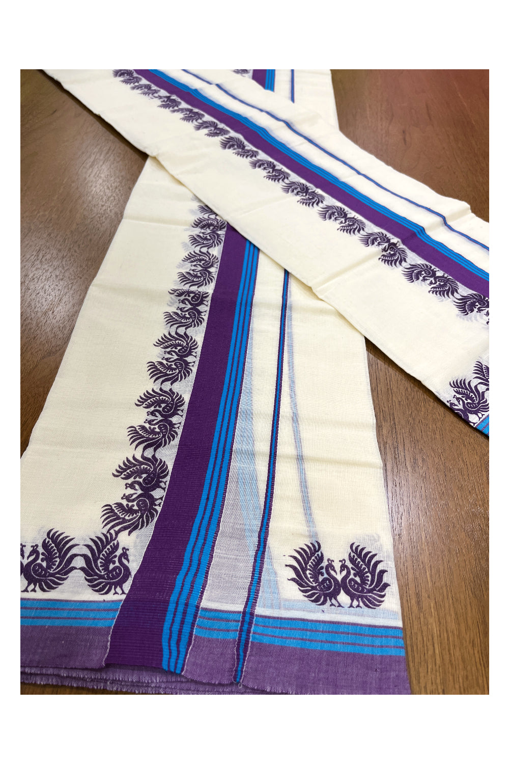 Kerala Cotton Single Set Mundu (Mundum Neriyathum) with Violet Peacock Block Prints on Border