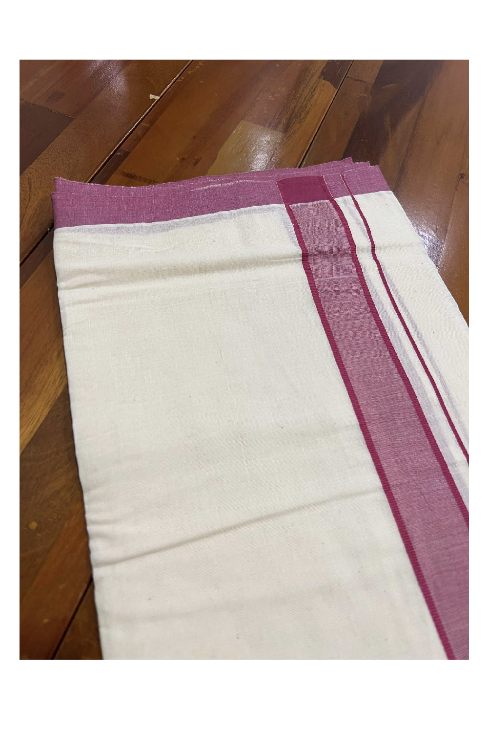 Off White Pure Cotton Double Mundu with Dark Red Kara (South Indian Dhoti)