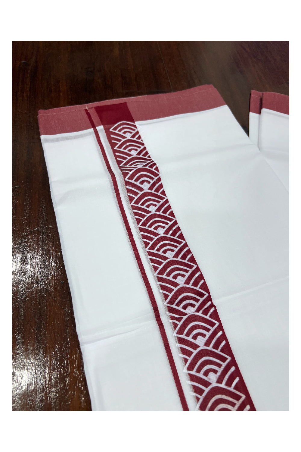 Pure White Cotton Double Mundu with Maroon Block Printed Border (South Indian Kerala Dhoti)