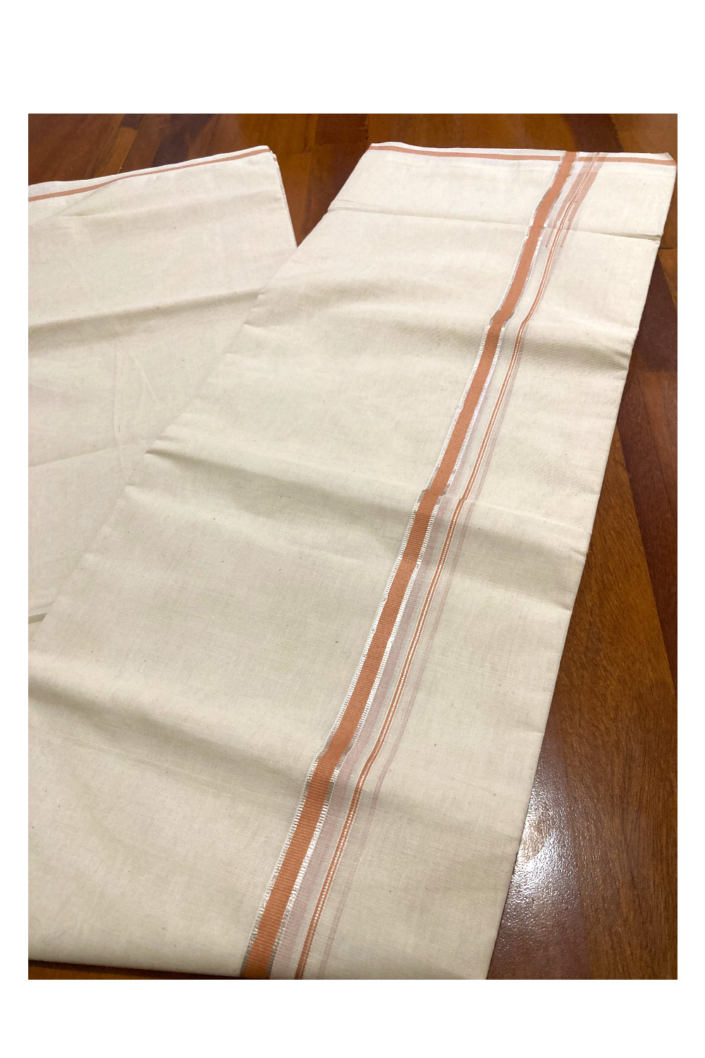 Pure Cotton Off White Double Mundu with Orange and Puliyilakkara Silver Kasavu Border (South Indian Dhoti)