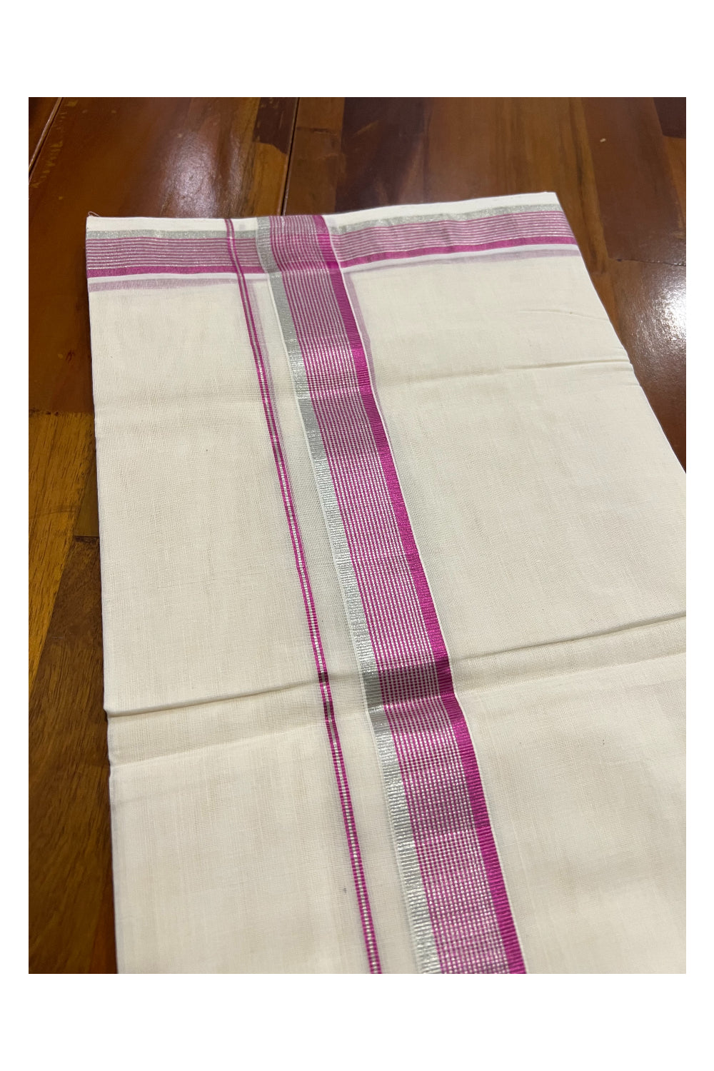 Southloom Balaramapuram Handloom Pure Cotton Mundu with Silver and Magenta Kasavu Border (South Indian Dhoti)