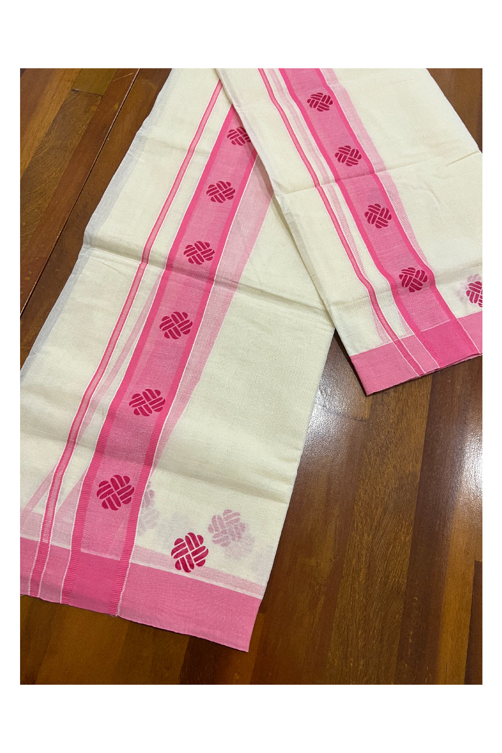 Pure Cotton Set Mundu (Mundum Neriyathum) with Pink Block Prints on Border