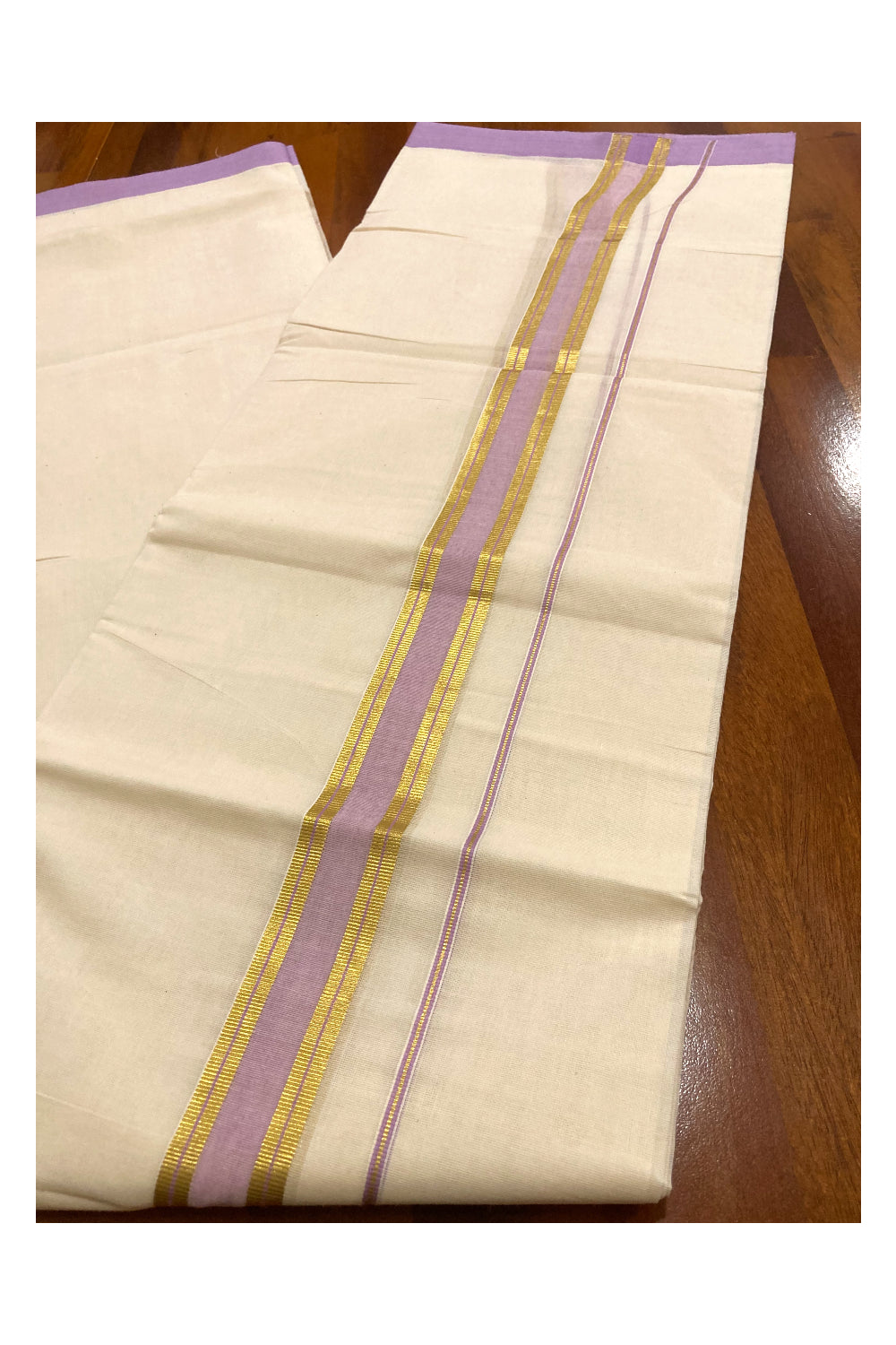 Pure Cotton Off White Double Mundu with Violet and Kasavu Border (South Indian Dhoti)