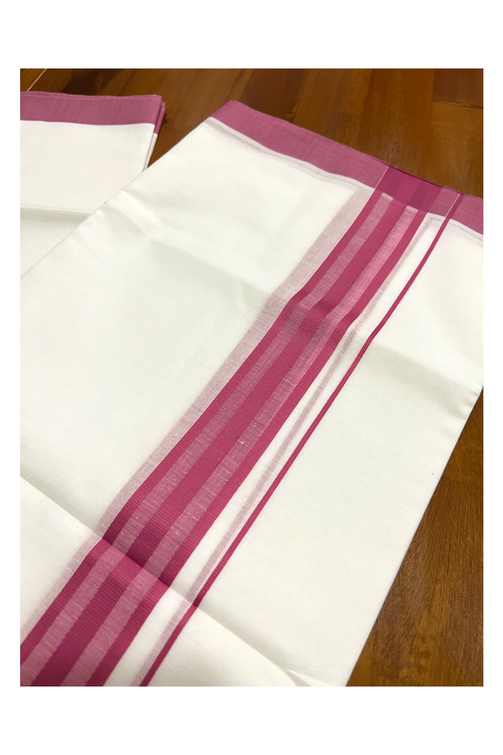 Pure White Cotton Double Mundu with Onion Pink Line Border (South Indian Dhoti)