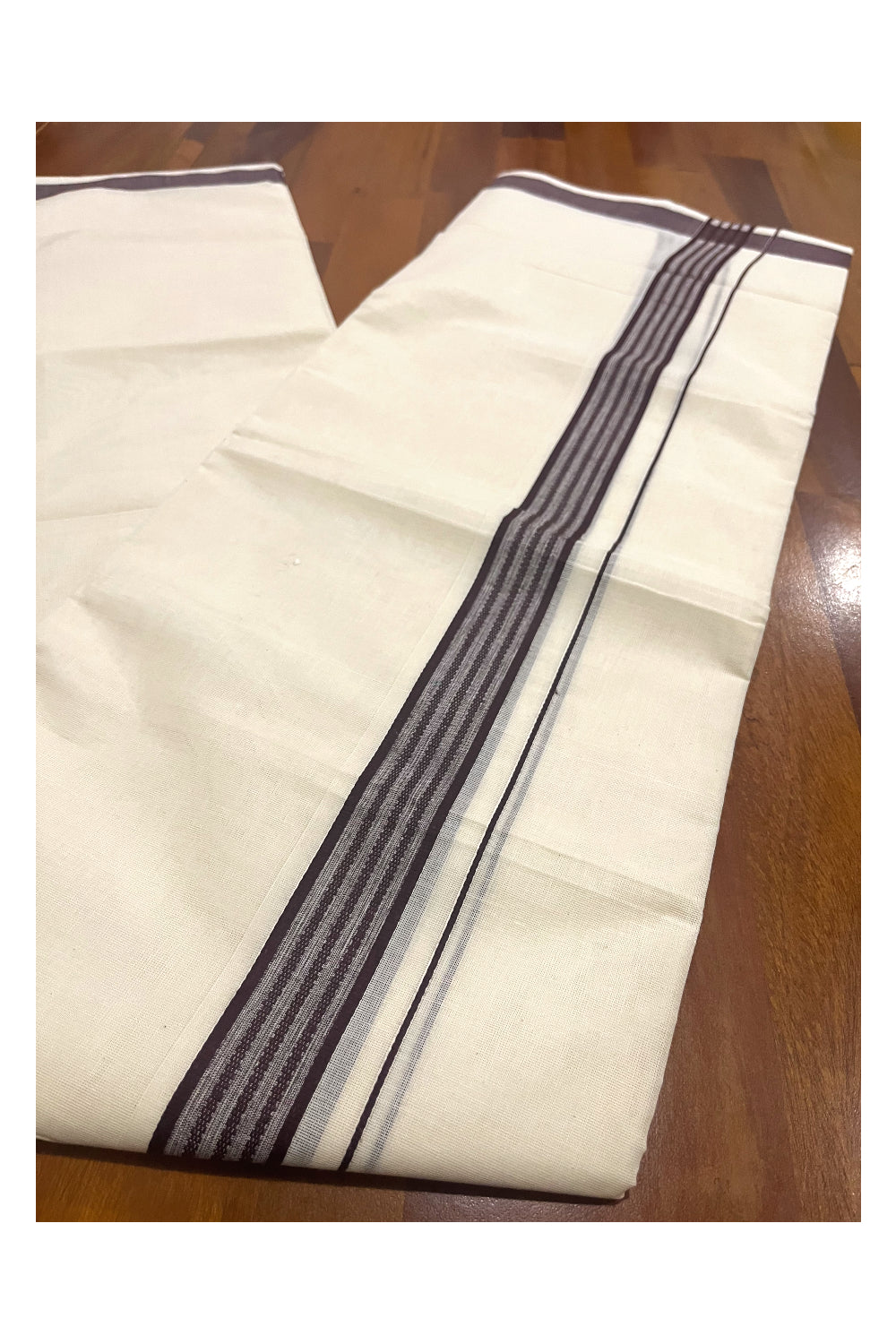 Pure Cotton Off White Double Mundu with Brown Border (South Indian Dhoti)