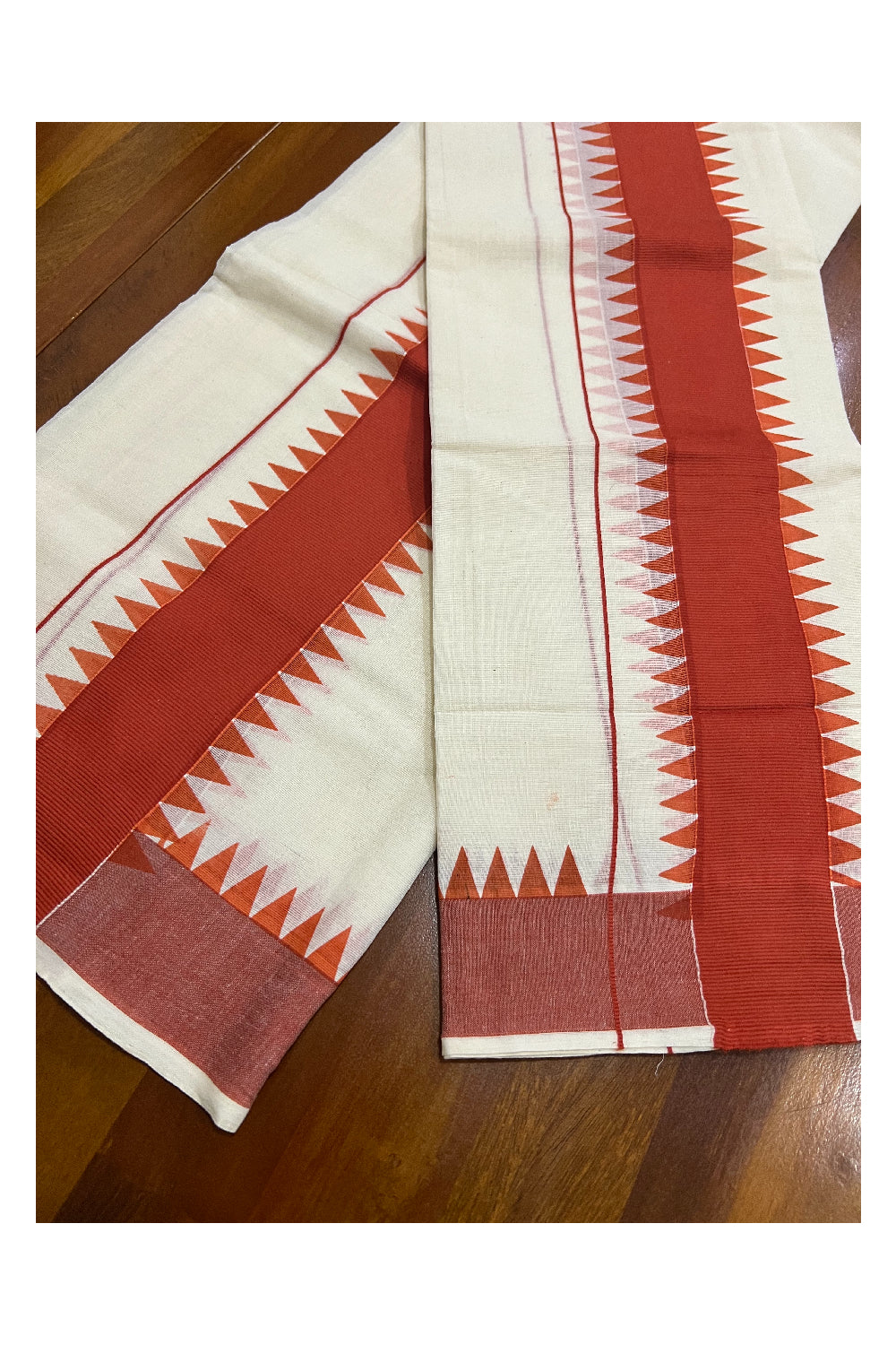 Pure Cotton Set Mundu (Mundum Neriyathum) with Orange Temple Block Prints Border