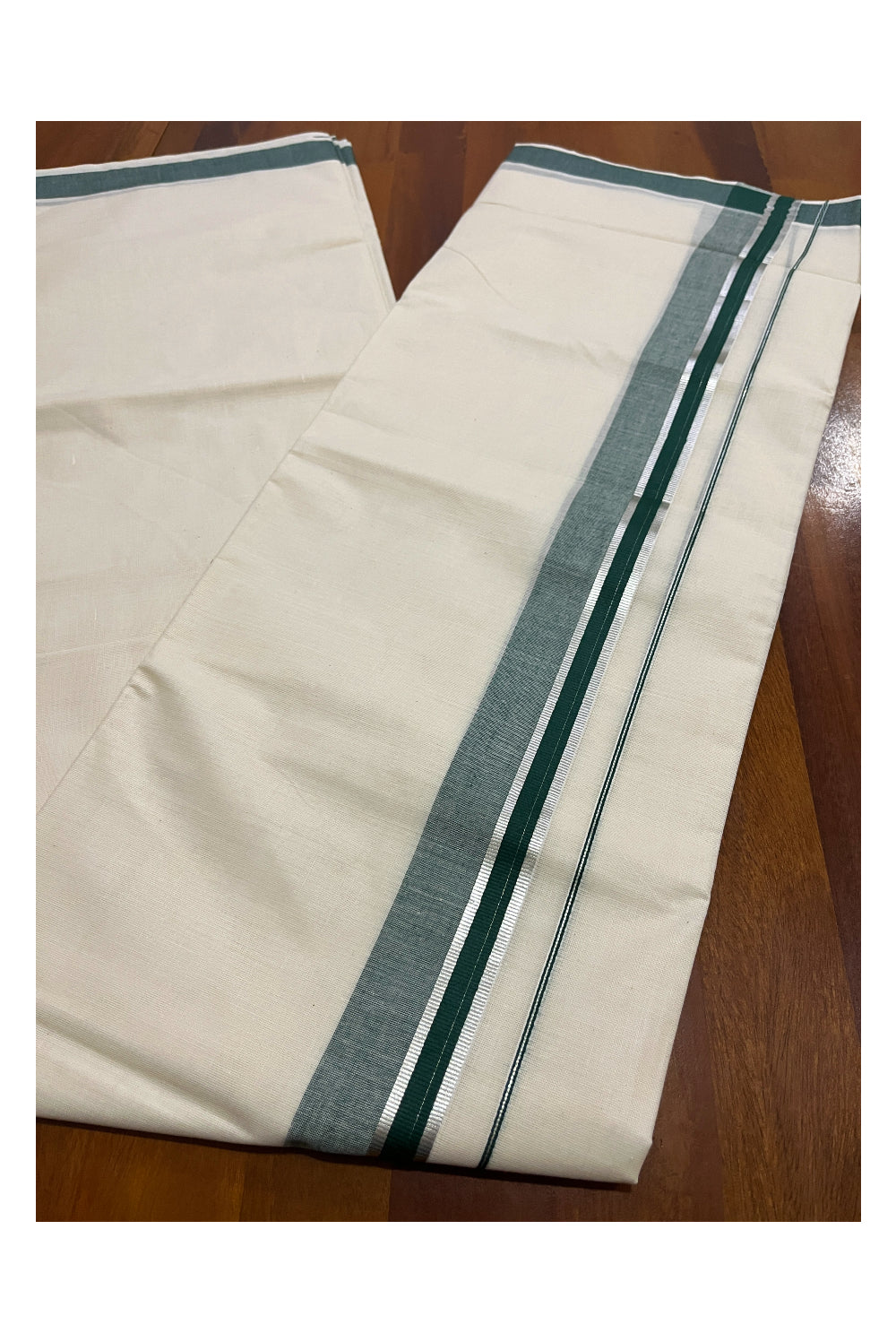 Pure Cotton Double Mundu with Green and Silver Kasavu Kara (South Indian Kerala Dhoti)