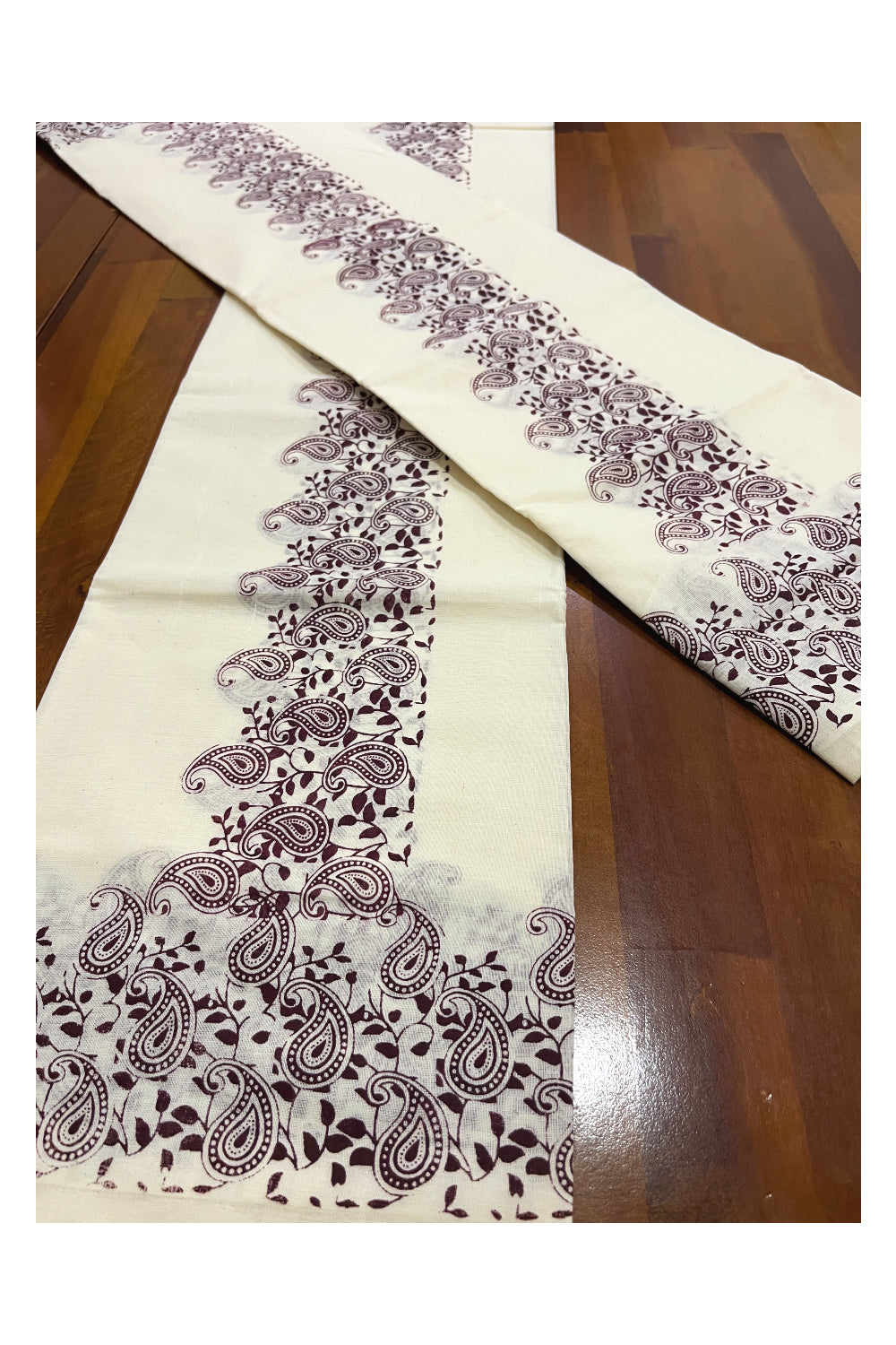 Kerala Cotton Set Mundu (Mundum Neriyathum) with Purple Paisley Block Printed Border