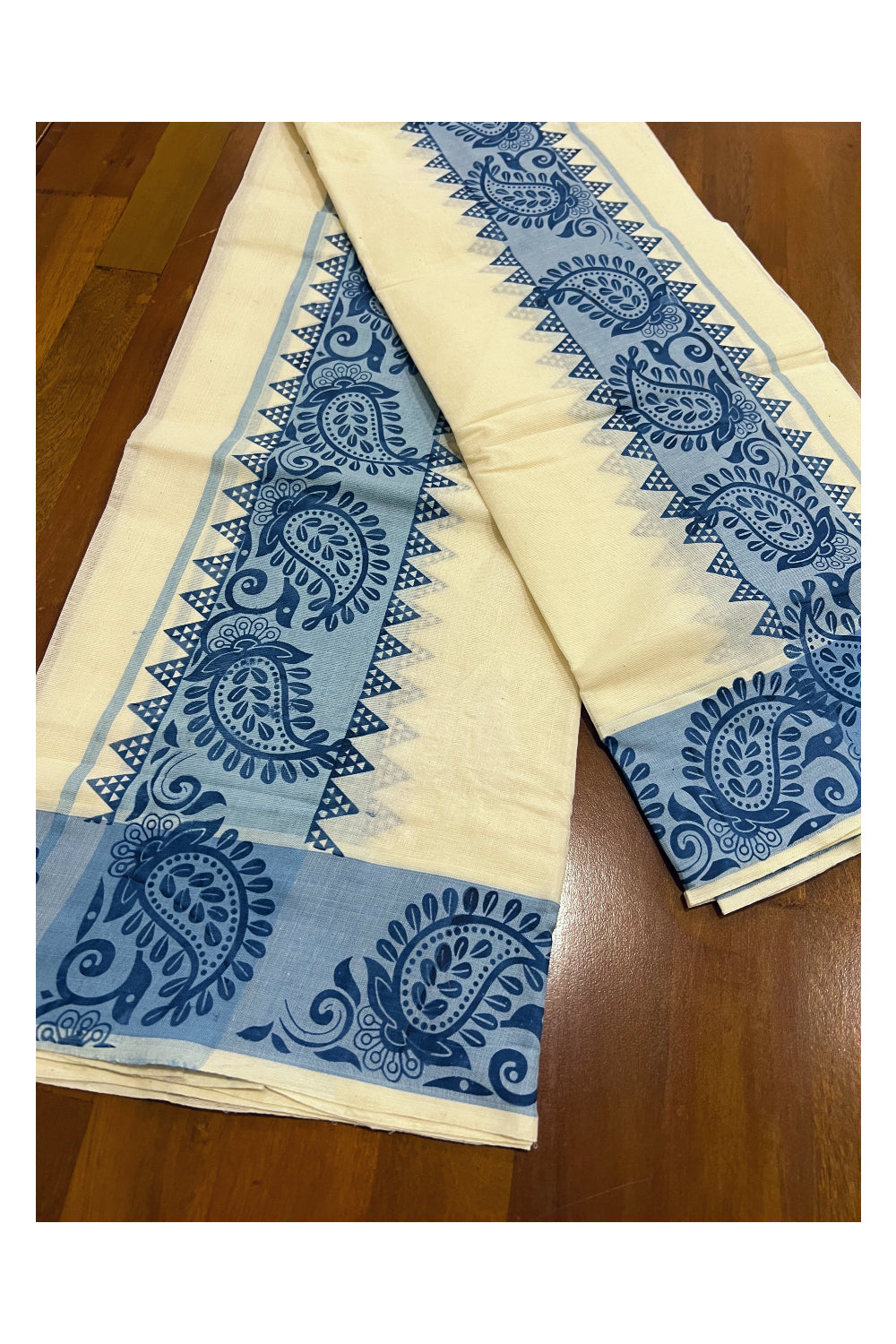 Kerala Cotton Set Mundu (Mundum Neriyathum) with Blue Paisley Temple Block Prints on Border